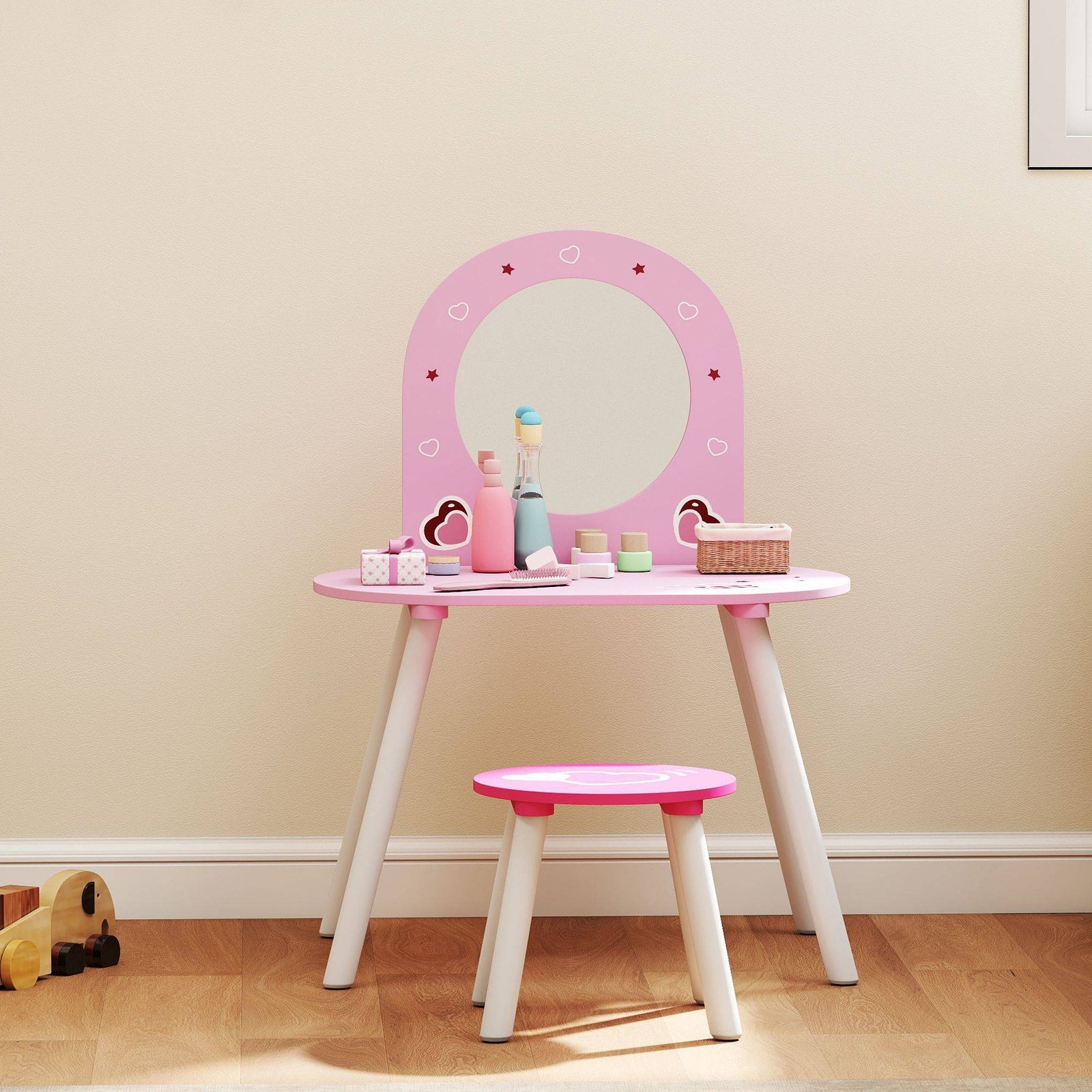 AIYAPLAY Kids Dressing Table with Mirror and Stool, Girls Vanity Set for Kids Room, Bedroom, Nursery, for Ages 36 Years, Pink - Image 9