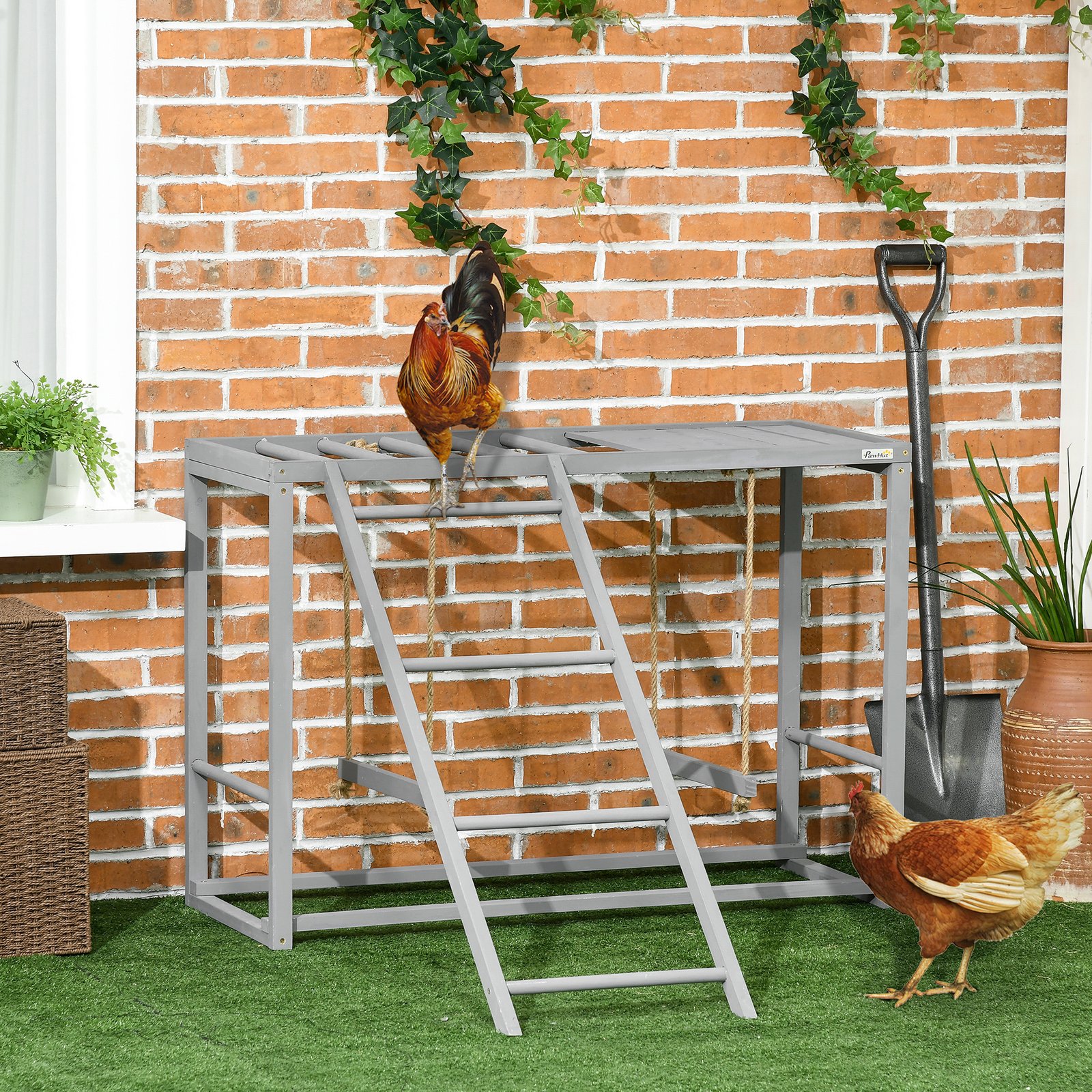 PawHut Chicken Activity Play with Swing Set for 3-4 Chickens, Wooden Chicken Coop, Grey - Image 2