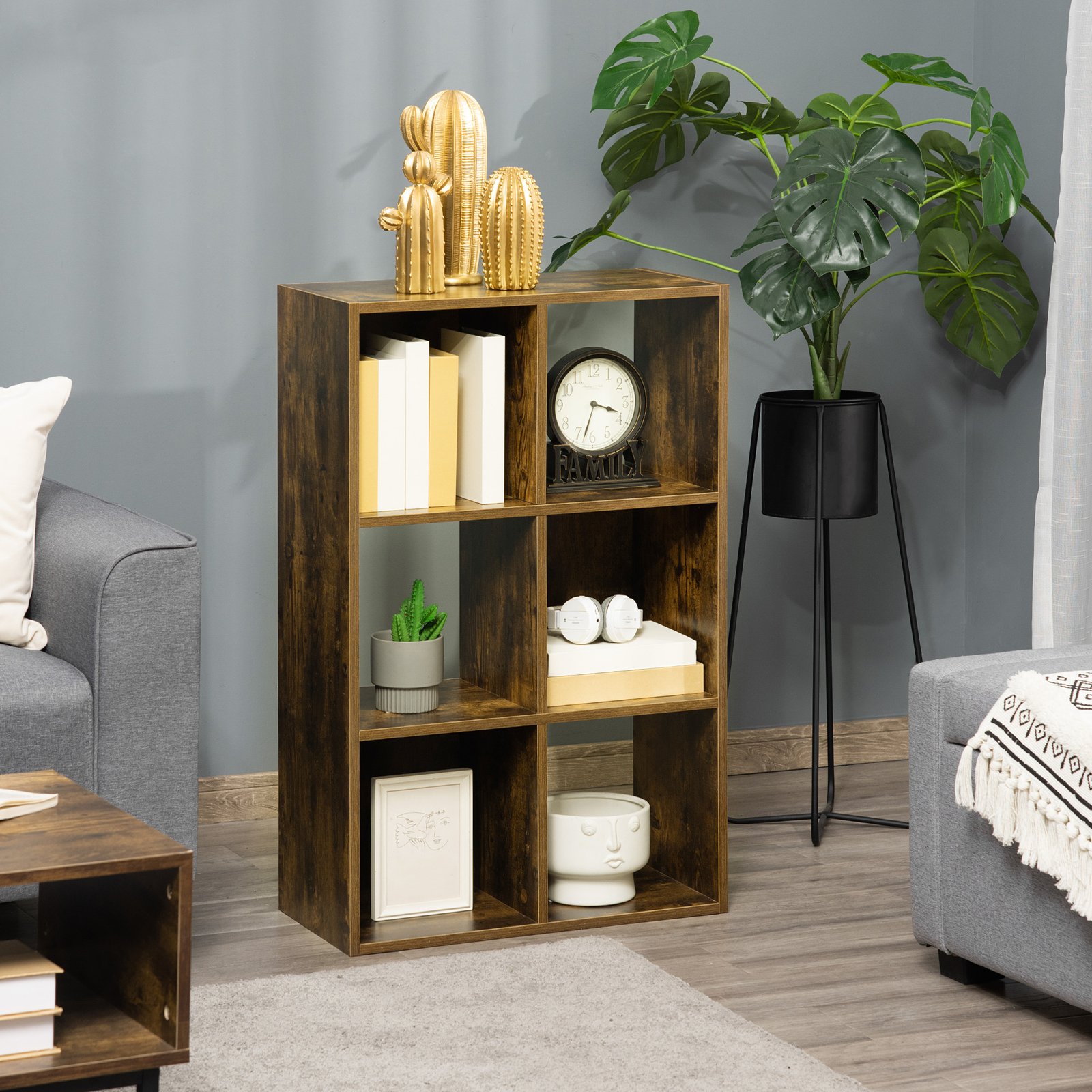 HOMCOM Industrial Style Storage Shelf, Bookcase, Bookshelf with 6 Compartments, Freestanding Shelving Unit for Living Room, Home Study, Rustic Brown - Image 2