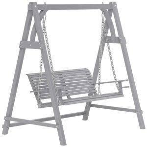 Outsunny 2 Seater Garden Swing Seat, Wooden Swing Chair Bench with Cup Holders for Outdoor Porch Patio, Grey