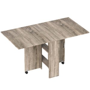 HOMCOM 80-140 cm Folding Dining Table for 4-6 People, Drop Leaf Table with 2-Tier Shelves, Rolling Casters, for Small Spaces, Kitchen, Flat, Dining Room, Grey