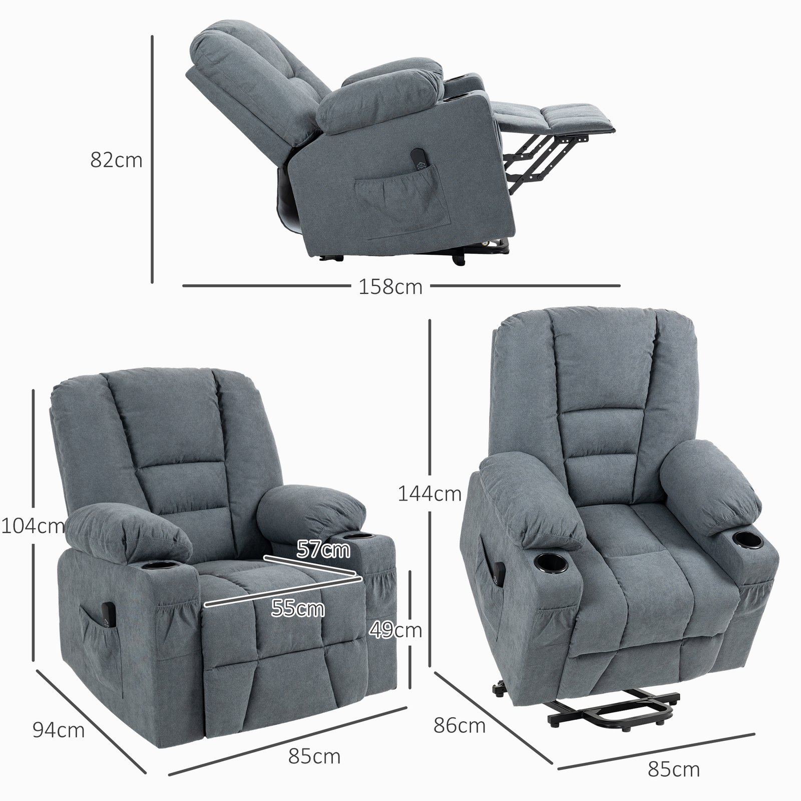 HOMCOM Oversized Riser and Recliner Chairs for the Elderly, Fabric Upholstered Lift Chair for Living Room with Remote Control, Side Pockets, Cup Holder, Grey - Image 3