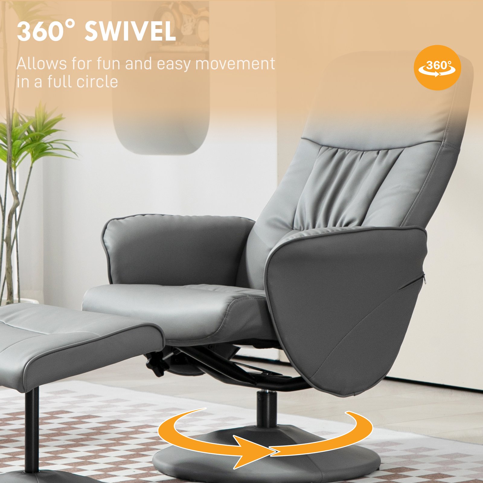 HOMCOM Swivel Recliner Chair with Footstool, PU Leather Armchair and Ottoman with High Back and Round Base for Living Room, Light Grey - Image 5