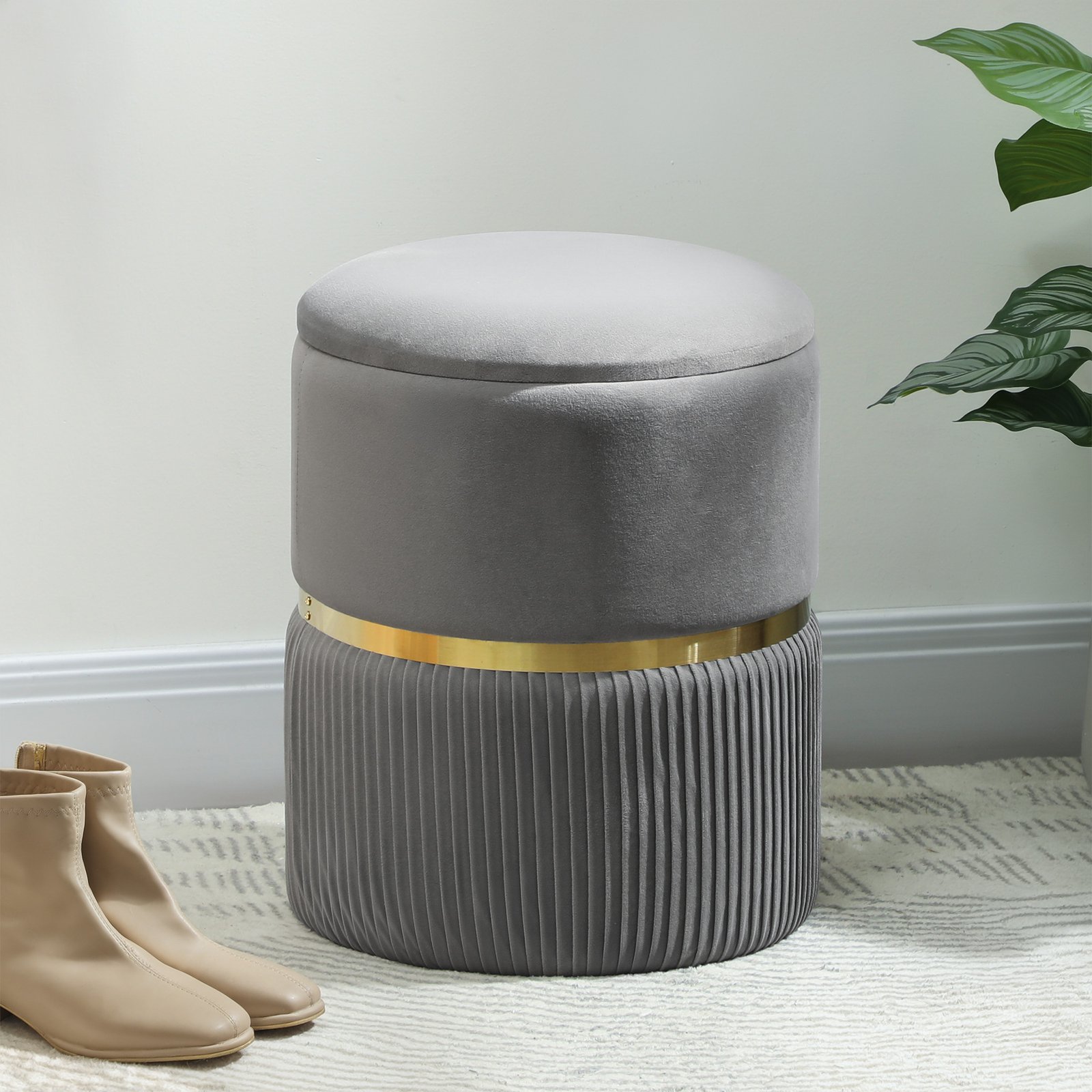 HOMCOM Velvet-Feel Storage Ottoman - Grey - Image 2