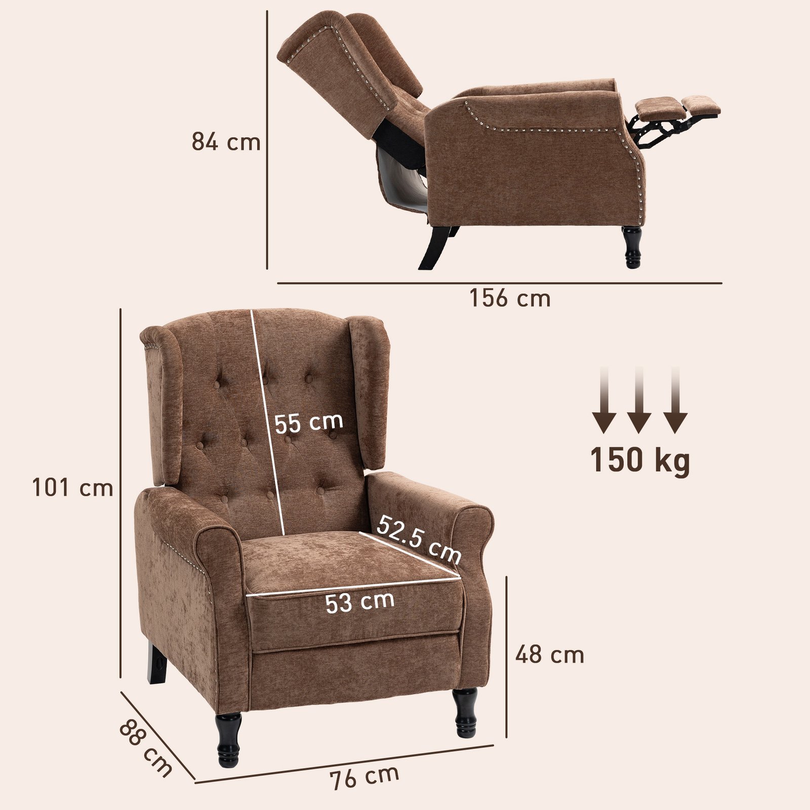 HOMCOM 150° Reclining Vintage Armchair, with footrest - Brown - Image 3