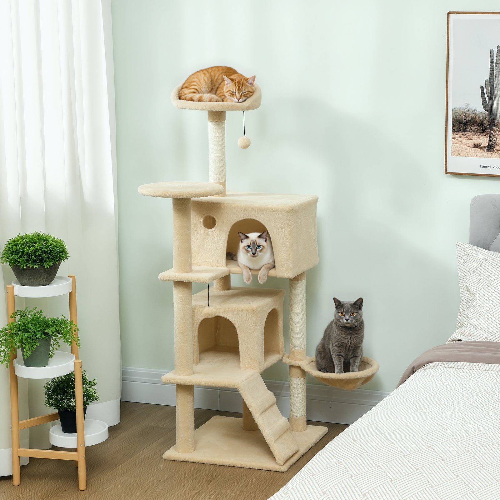 PawHut 140cm Large Cat Tree Tower with Sisal Scratching Posts, Plush Perches, Hammock, Beige - Image 2