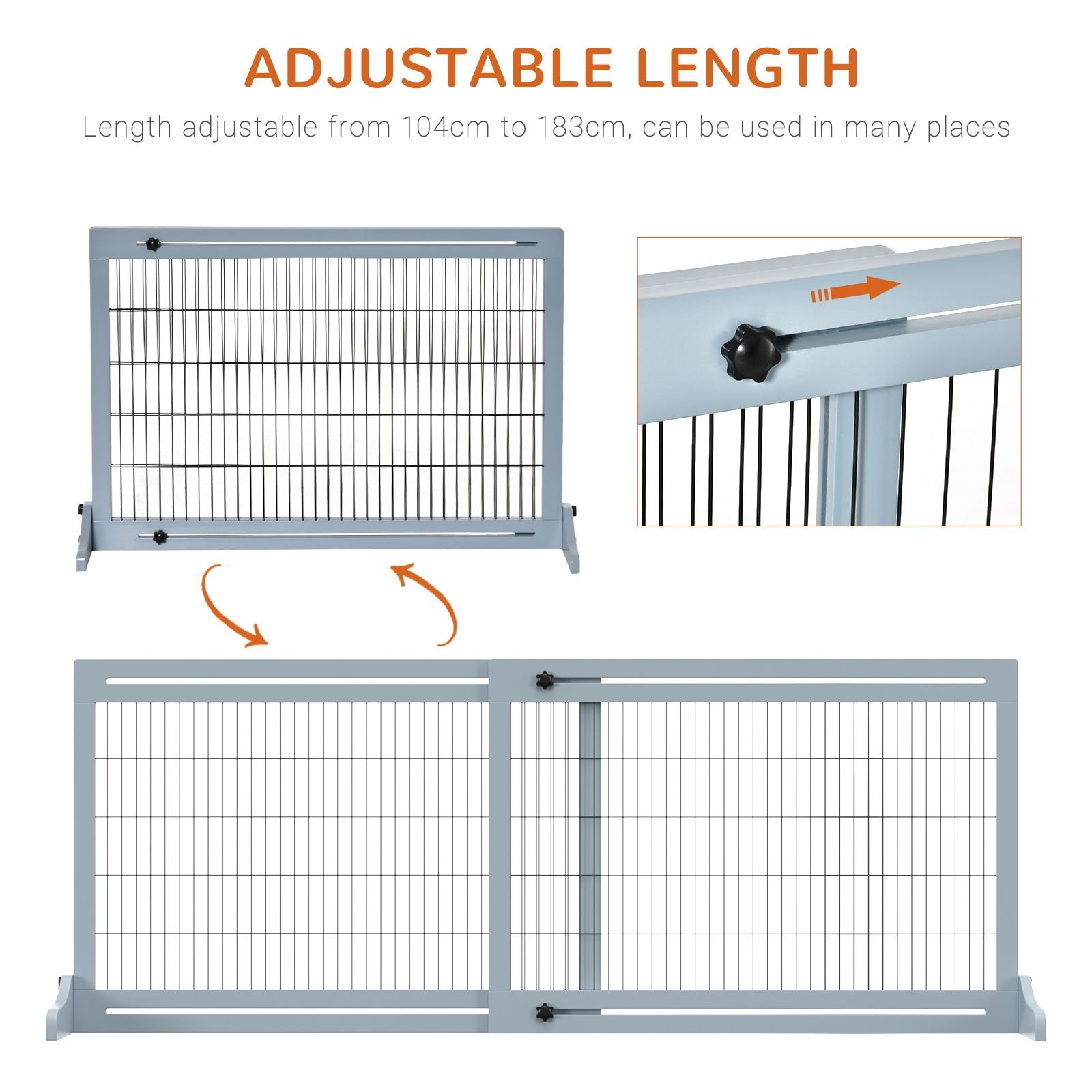 PawHut Freestanding Dog Gate, Foldable Pet Fence, Indoor Wood Barrier, Stair Gate with Support Feet, for Doorway, Hallway, Small and Medium Dogs, 69H x 104-180 cm, Blue-grey - Image 4