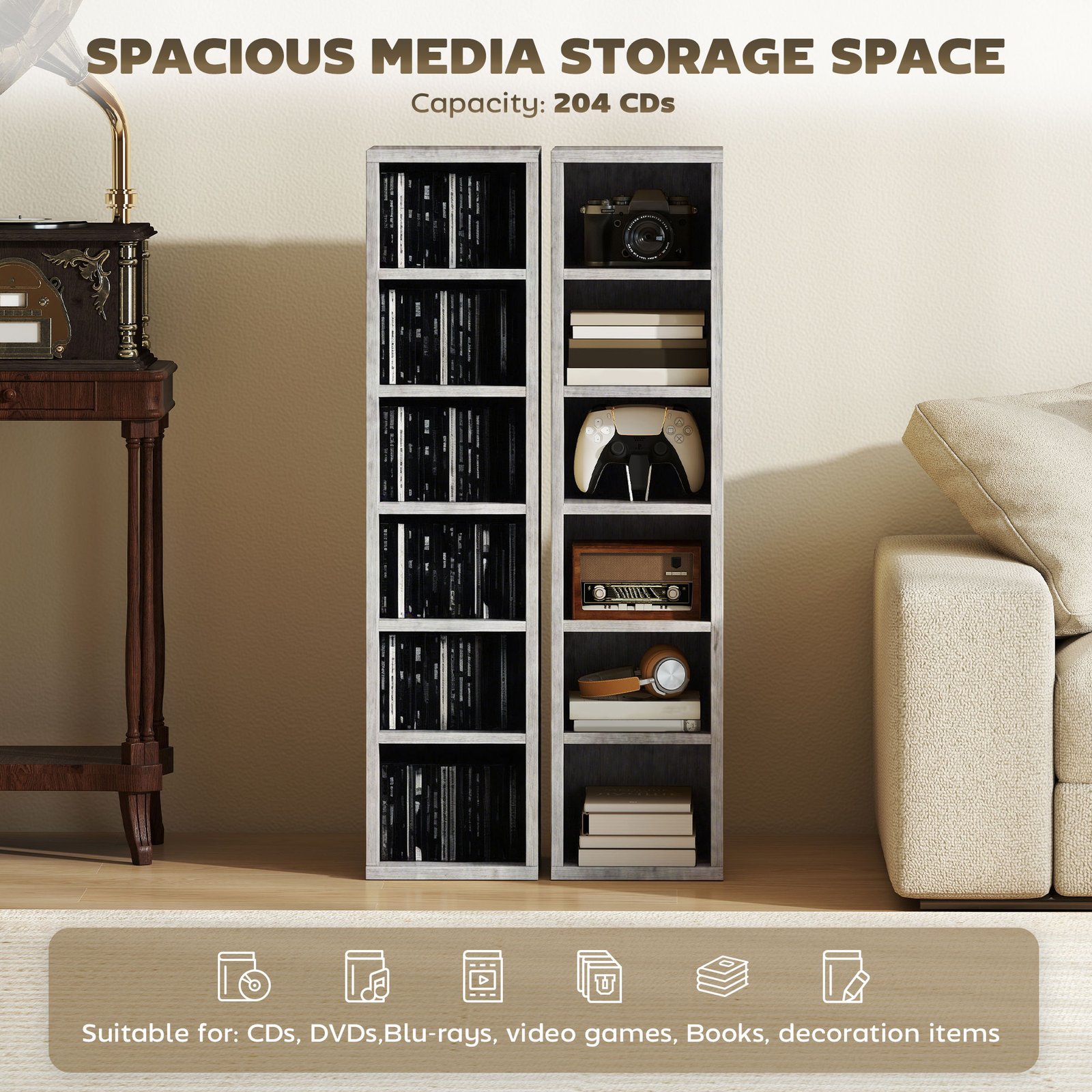 HOMCOM Set of 2 CD Media Display Shelf Unit Tower Rack with Adjustable Shelves, Cement Grey - Image 4