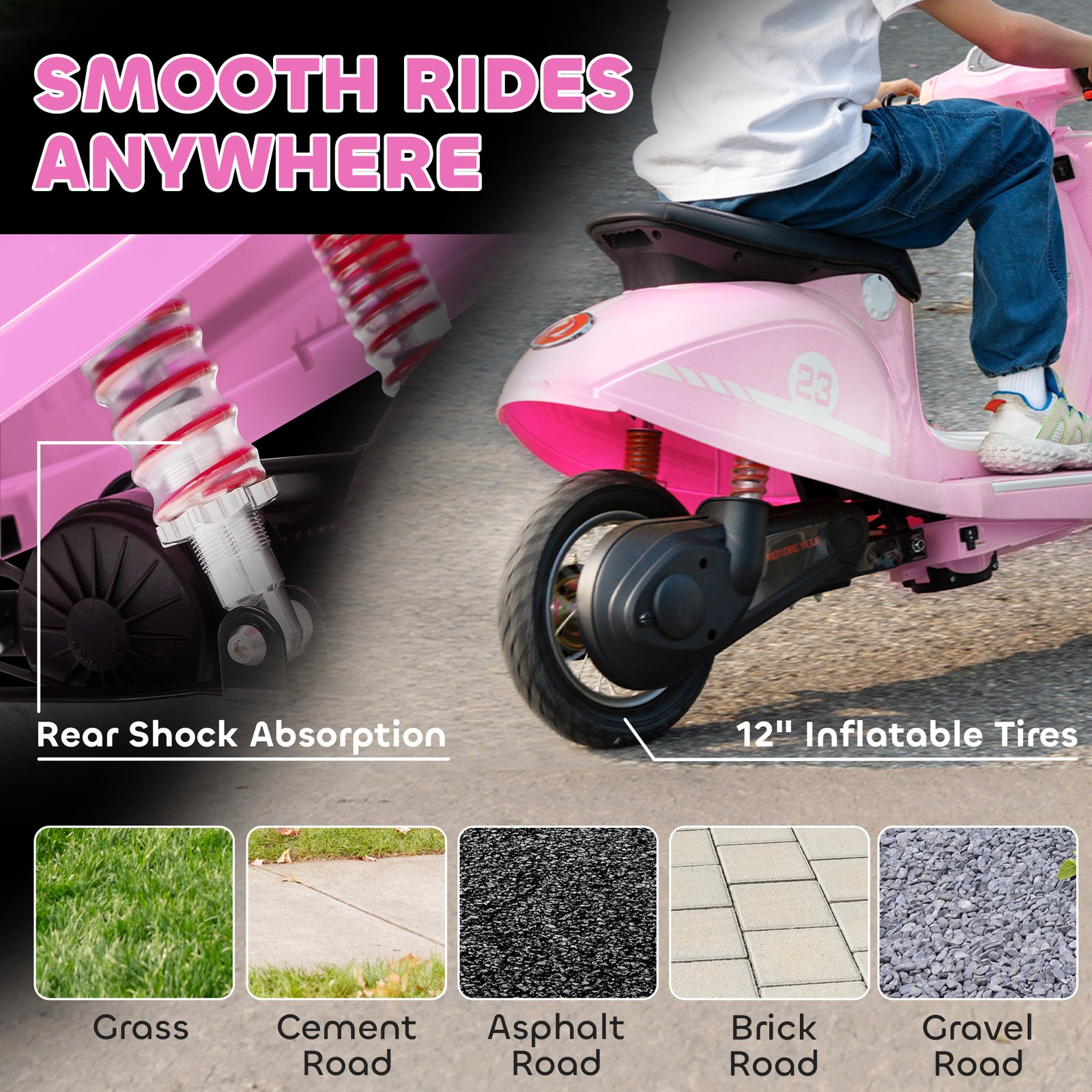 AIYAPLAY 24V Kids Electric Motorbike, Ride on Motorcycle with Manual Throttle, Brakes and LED Lights for Ages 8-12 Years, Pink - Image 6
