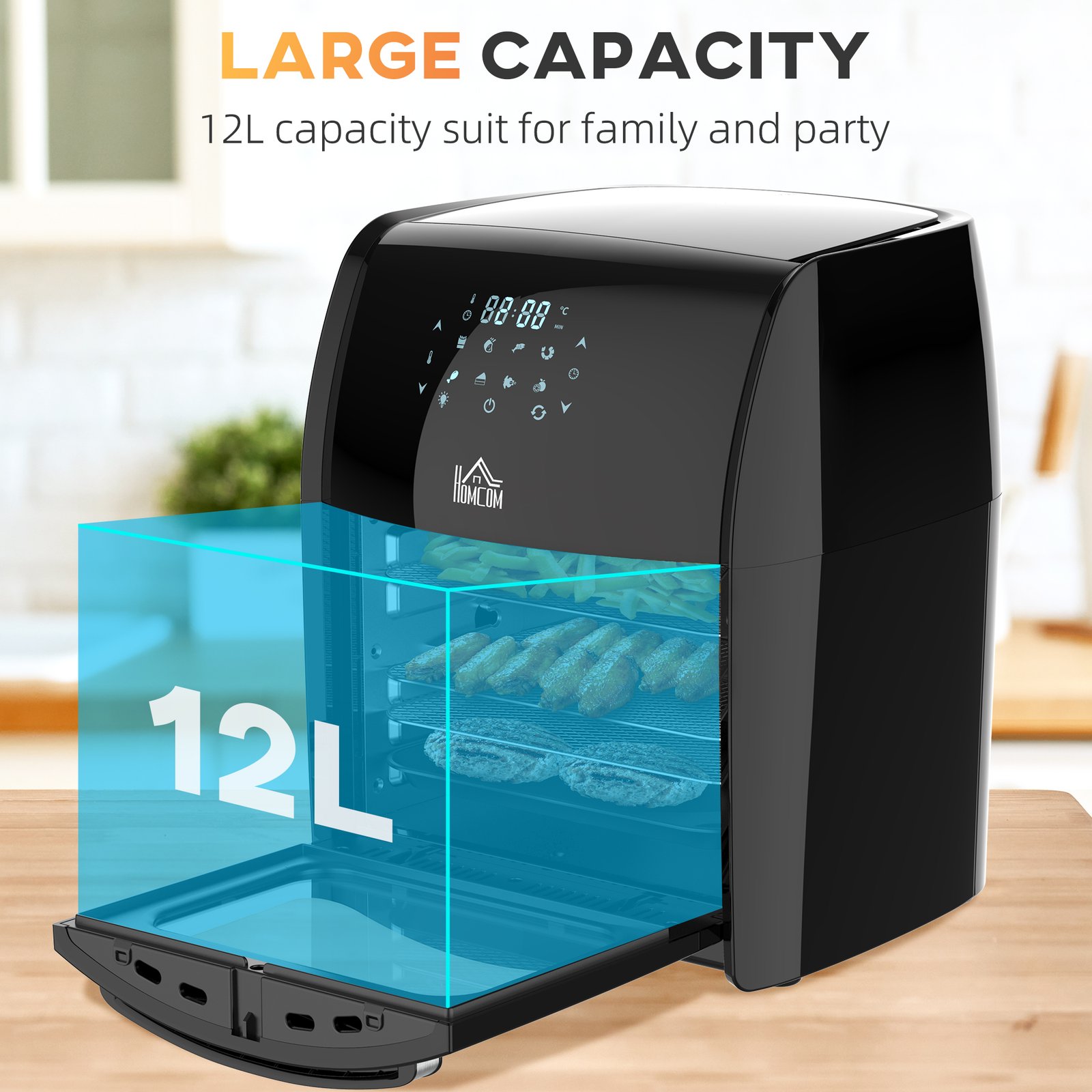 HOMCOM 12L 8 in 1 Digital Air Fryer Oven with Roast, Bake, Dehydrate, 8 Preset Modes, Rapid Air Circulation, Timer, Inner Light, Memory Function, 1800W, Dish Wash Accessory, Black - Image 6