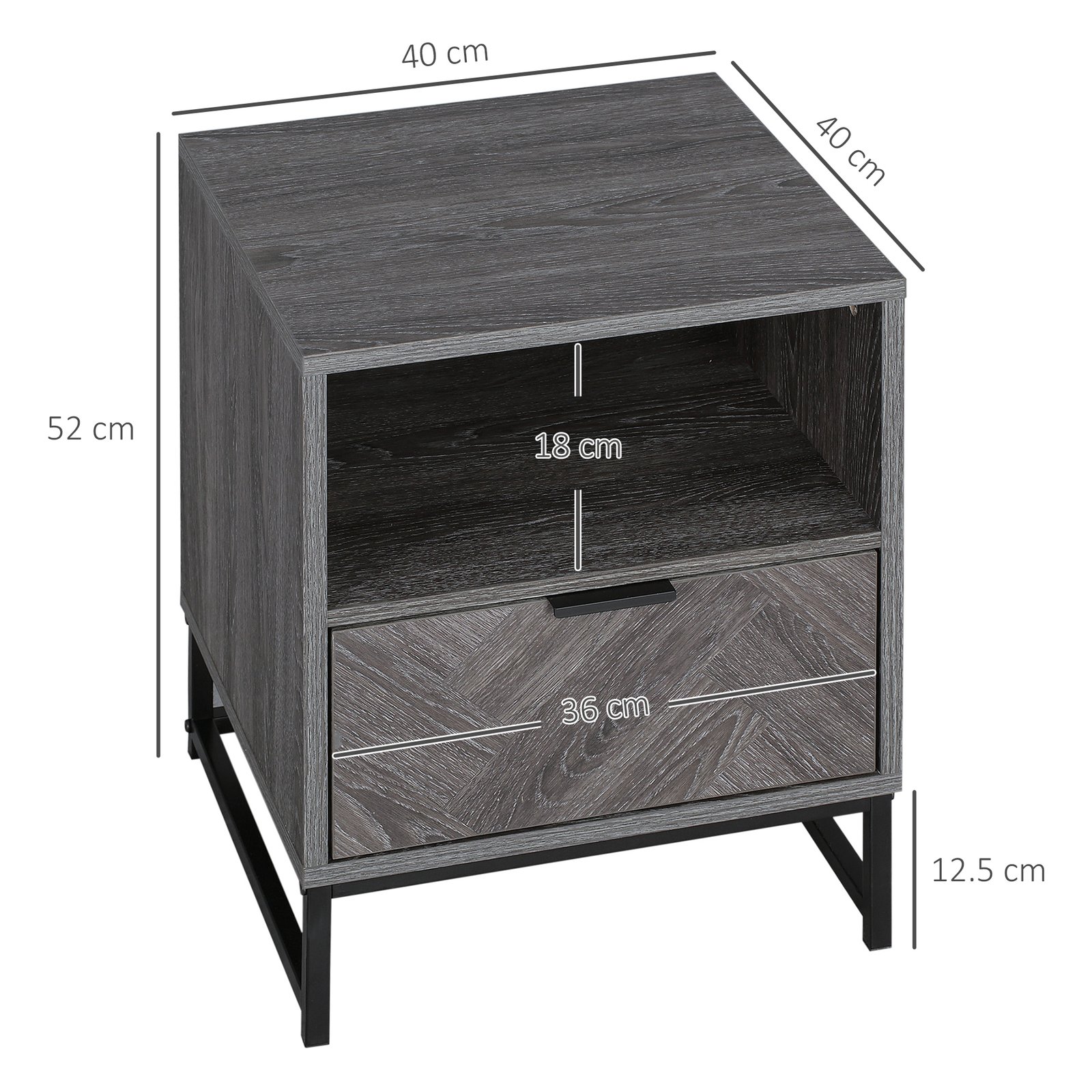 HOMCOM Bedside Table with Drawer and Shelf, Side End Table with Steel Legs for Living Room, Bedroom, Dark Grey - Image 3