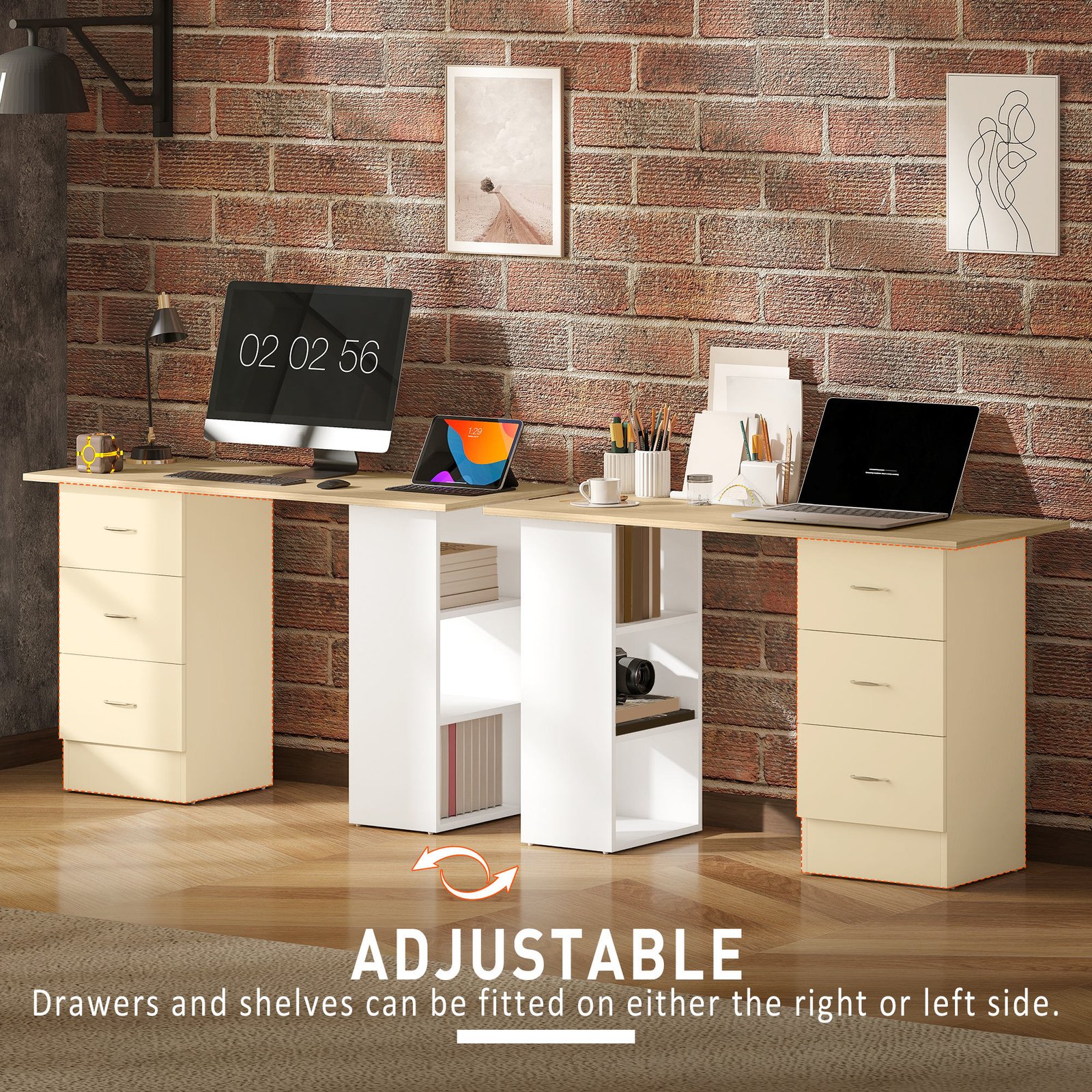 HOMCOM Computer Desk with Drawers, Home Office Desk, Writing Table, PC Workstation with 3 Storage Shelves for Working, Study, 120 x 49 x 72 cm, Natural Wood Finish and White - Image 6