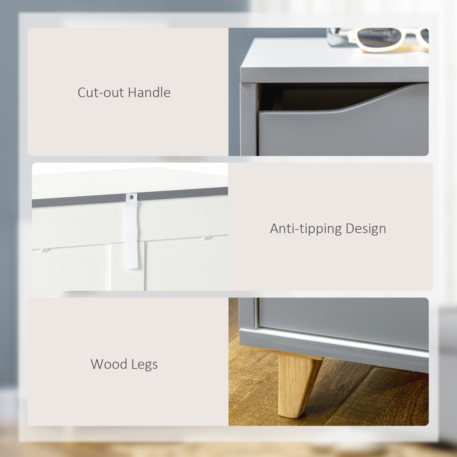 HOMCOM Drawer Chest, 3-Drawer Storage Cabinet Unit with Pine Wood Legs for Bedroom, Living Room, 75cmx42cmx75cm, Grey - Image 6