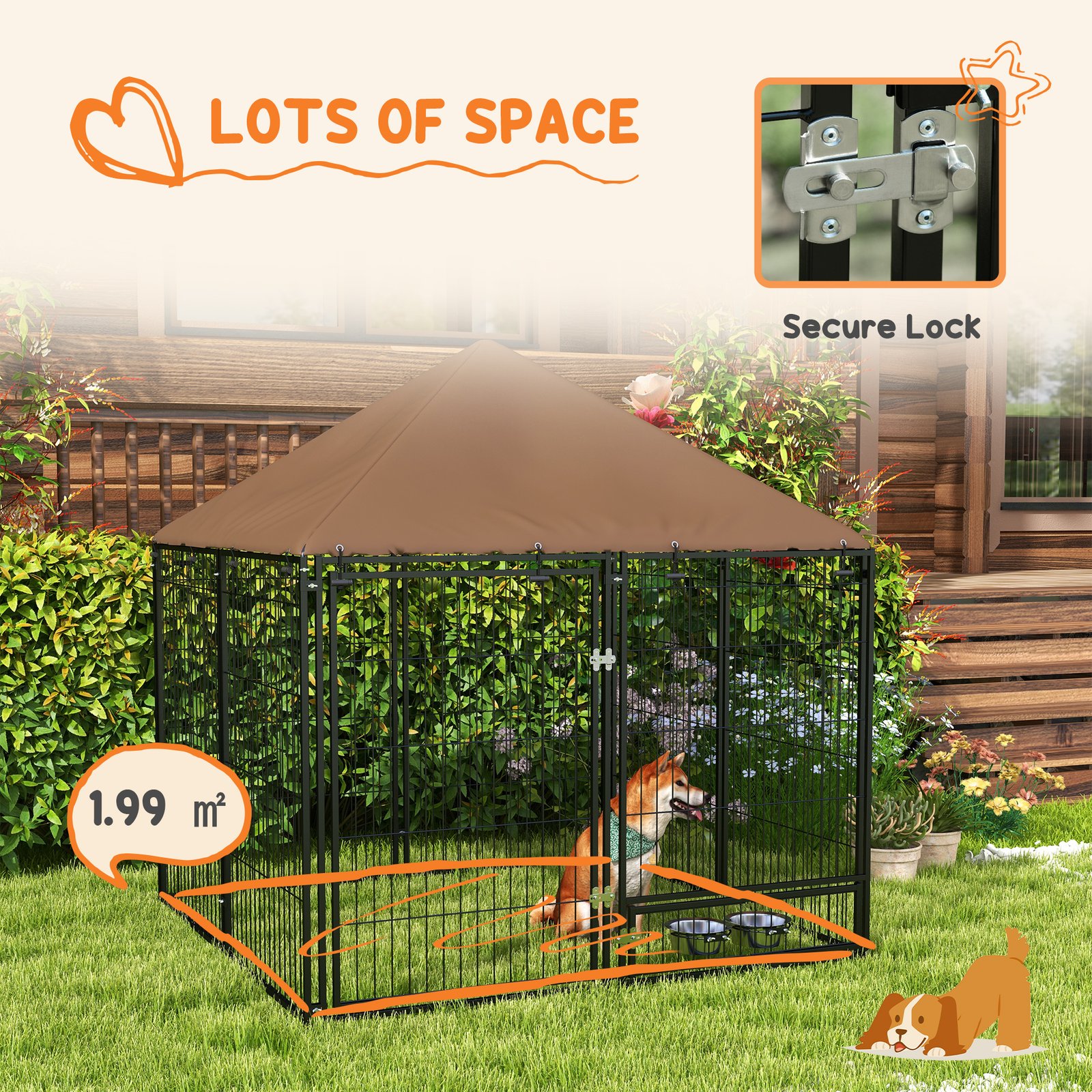 PawHut Outdoor Dog Kennel Puppy Play Pen with Canopy Garden Playpen Fence Crate Enclosure Cage Rotating Bowl 141 x 141 x 151 cm - Image 8