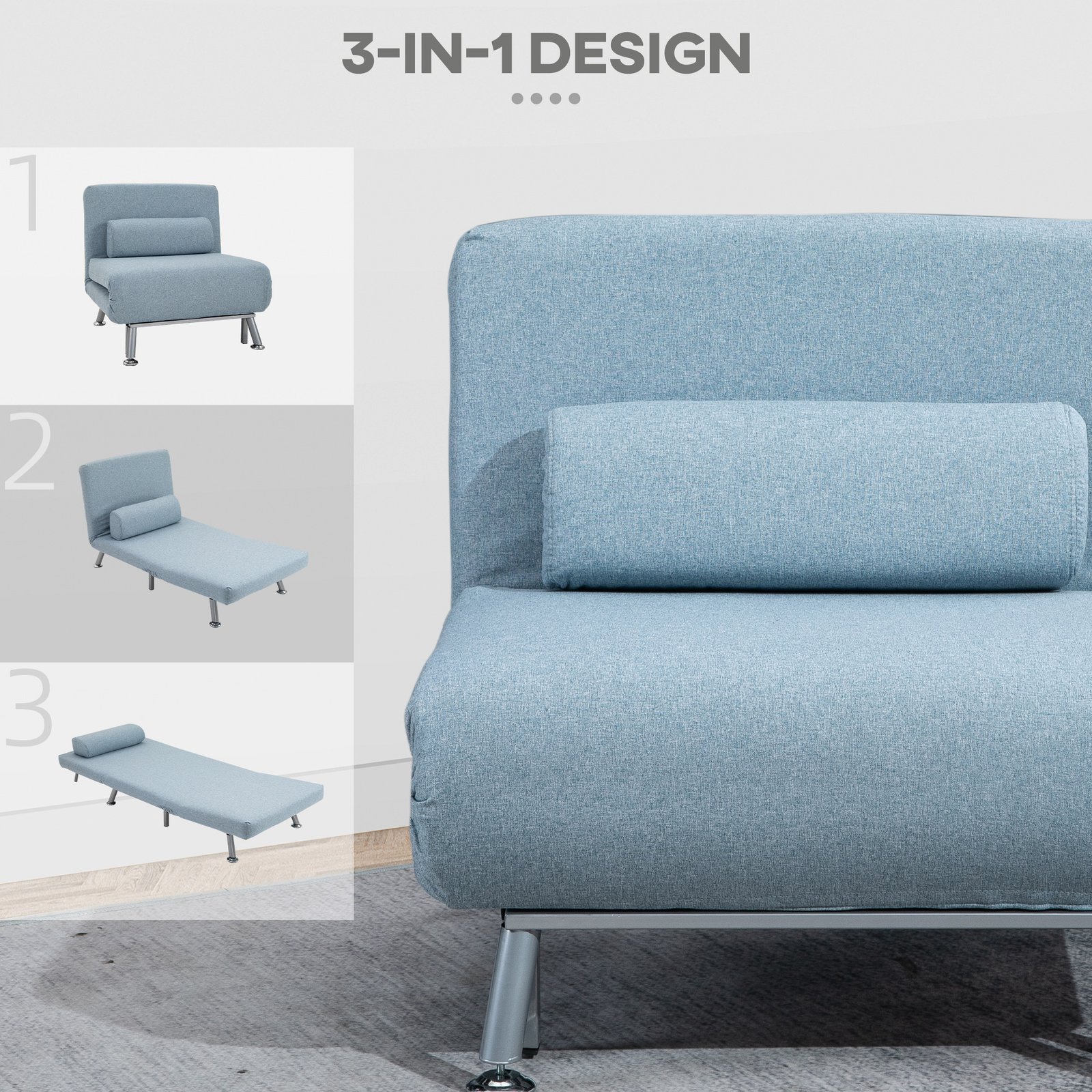 HOMCOM Single Sofa Chair Bed, Linen Fabric 3-in-1 Convertible Sleeper Chair with 5-Position Adjustable Backrest, 75cm Wide Seat, Pillow for Living Room, Bedroom, Sky Blue - Image 6