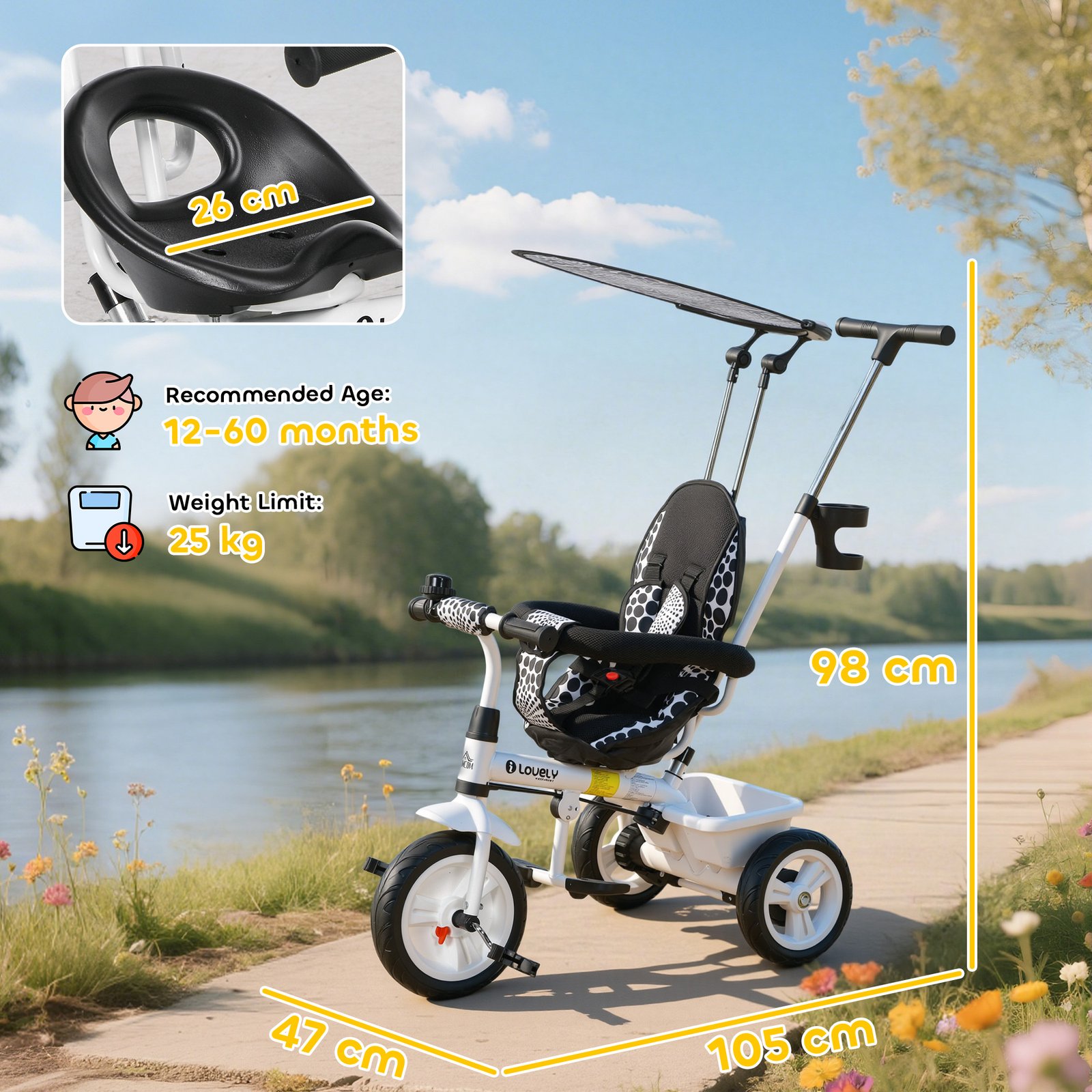 HOMCOM 6 in 1 Tricycle for Kids with 5-point harness straps, Removable Canopy, White - Image 3