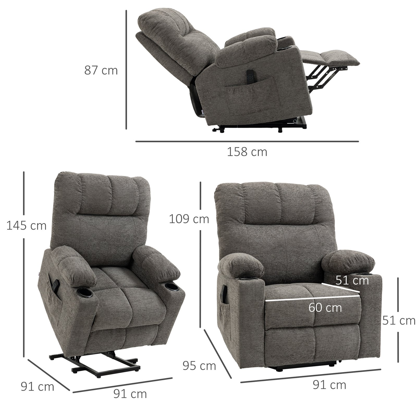 HOMCOM Electric Riser and Recliner Chair for Elderly, Power Lift Recliner Chair with Remote Control, Grey - Image 3