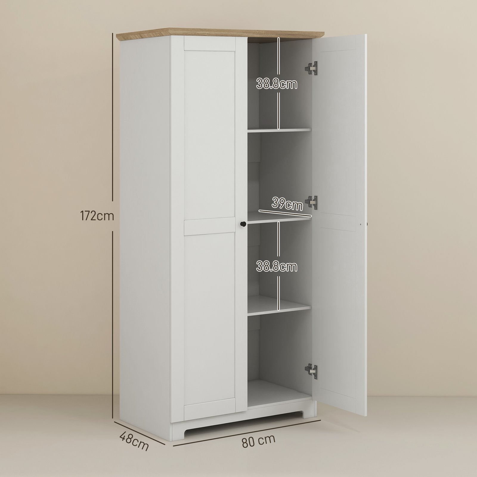 HOMCOM 172cm Kitchen Cupboard, Freestanding Storage Cabinet with Doors and Shelves, Modern 2-Door Kitchen Pantry Cupboard for Dining Room, White - Image 3