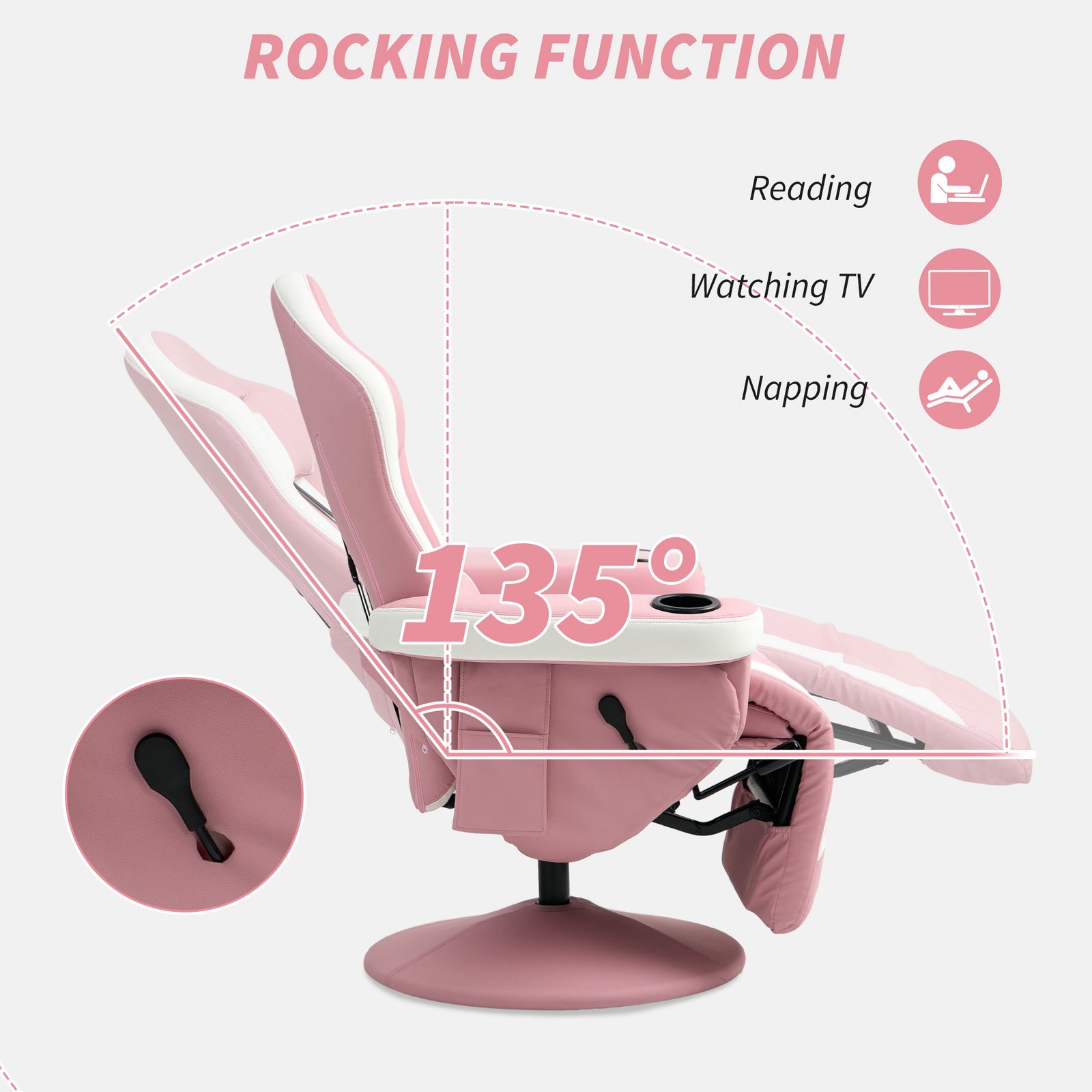 HOMCOM Manual Recliner Armchair PU Leather Lounge Chair w Adjustable Leg Rest, 135° Reclining Function, 360° Swivel, Pink - Image 4