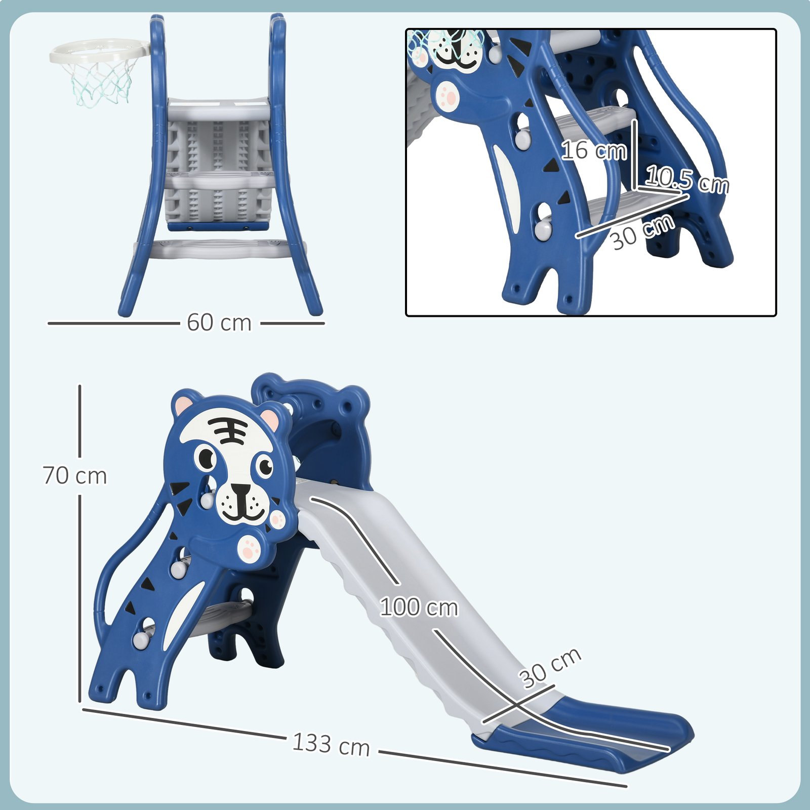 AIYAPLAY 3 in 1 Baby Slide for Indoor Use with Climber, Basketball Hoop, Basketball, for Ages 18-36 Months - Blue - Image 3