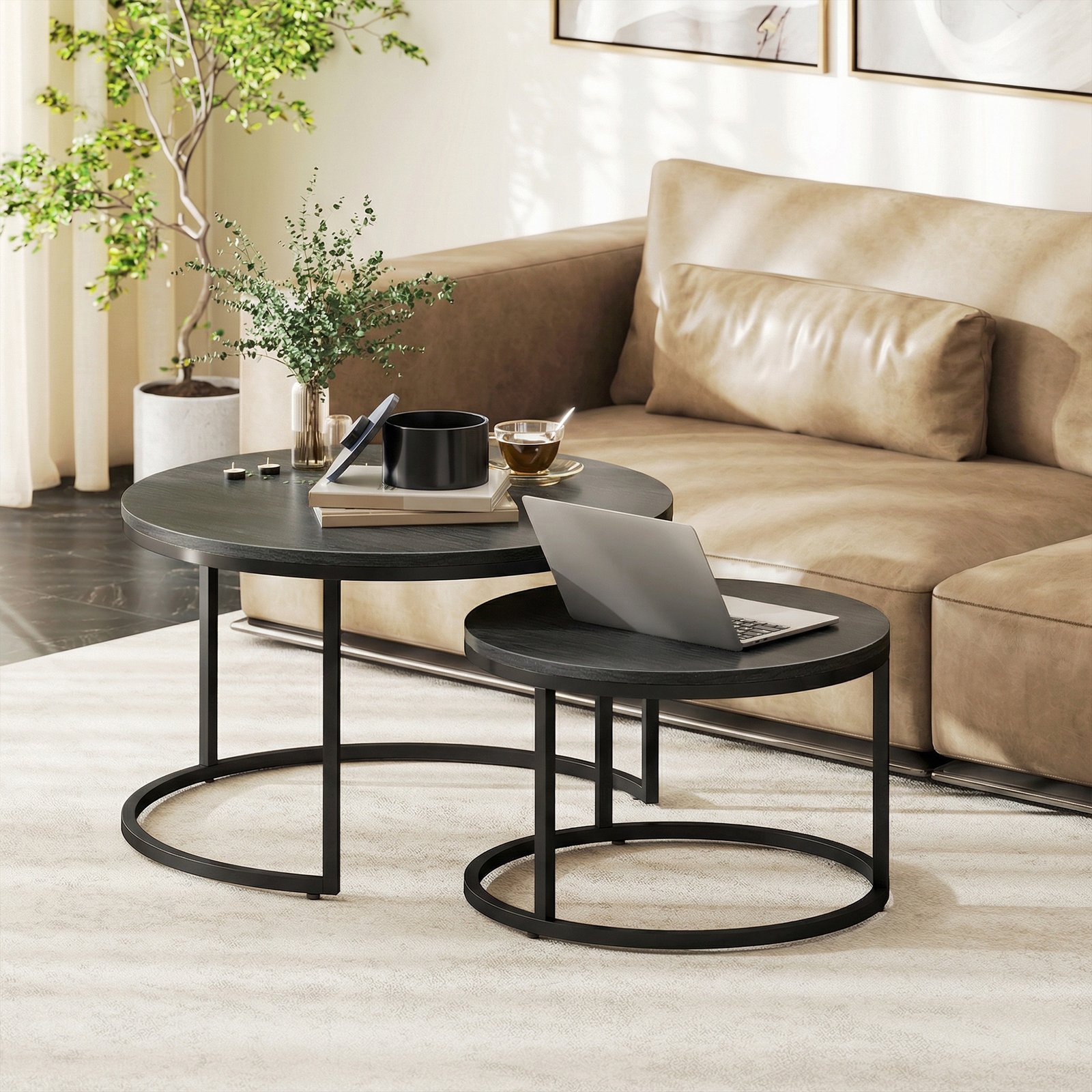 HOMCOM Set of Two Wood-Effect Stacking Tables - Black Wood Grain - Image 2