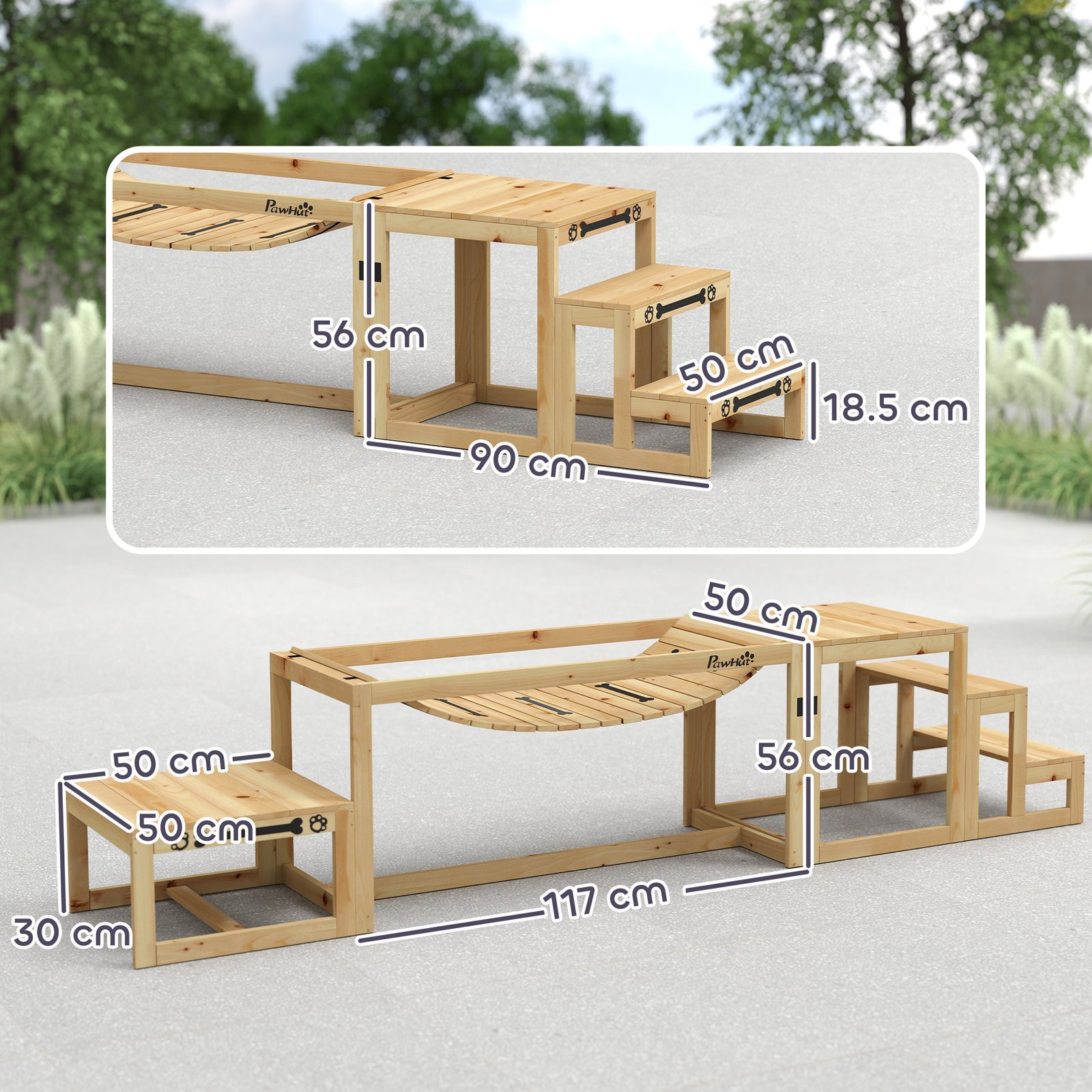 PawHut 3 Pieces Wooden Dog Agility Training Equipment with Soft Bridge, Pause Platform and Pet Stair for Outdoor, Natural Wood - Image 3