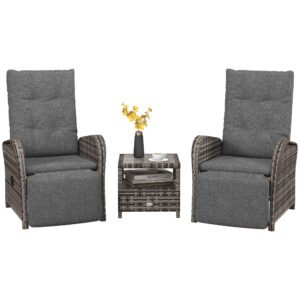Outsunny 2 Seater Patio Rattan No Installation Chaise Lounge Sofa Set with Premium Fabric Cushion, Grey and Brown