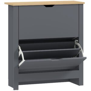 HOMCOM Slim Shoe Cabinet, Narrow Shoe Cupboard with 2 Flip Drawers, Adjustable Shelves for 12 Pairs of Shoes, Charcoal Grey