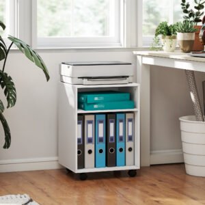 HOMCOM 2-Tier Printer Stand with Storage, Under Desk Printer Cart on Wheels, White