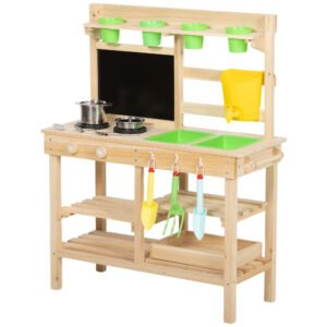 AIYAPLAY Kids Mud Kitchen, Outdoor Wooden Play Kitchen with Kitchenware & Garden Tools, Pretend Play Outdoor Toys, Natural
