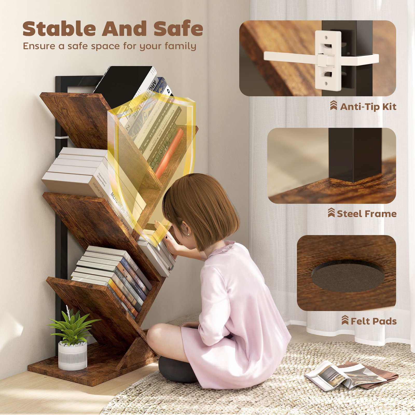 HOMCOM Four-Section Tree Bookcase - Wood-Effect - Image 5