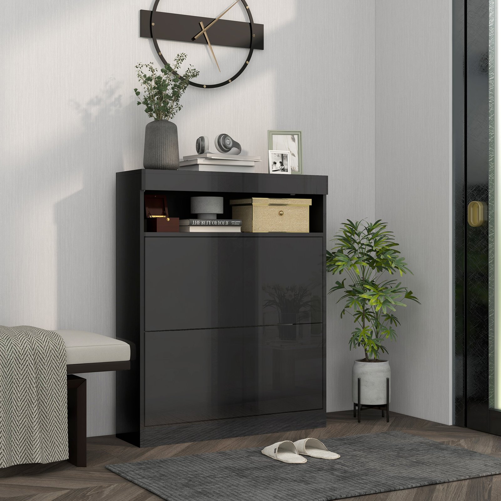 HOMCOM 16 Shoe Pair Storage Cabinet, with Flip Doors - High Gloss Black - Image 2