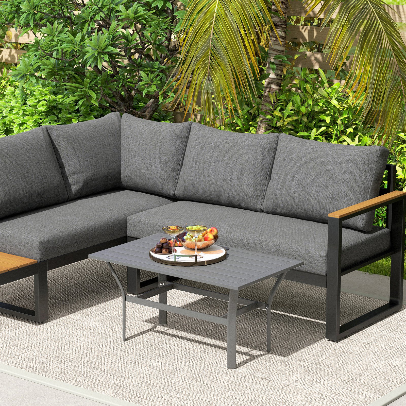 Outsunny Metal Garden Coffee Table, Rectangular Outdoor Side Table with Slatted Tabletop, Foot Pads for Outside, Garden, Balcony, Porch, 91.5 x 55 x 45cm, Dark Grey - Image 9