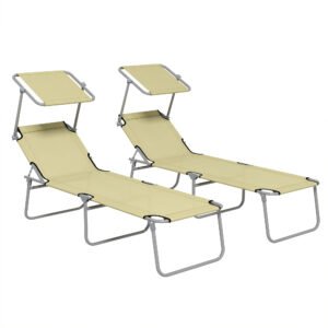 Outsunny Folding Sun Lounger Set of 2 with Canopy, Reclining Sunbed with 4-Position Adjustable Backrest, 600D Oxford Cloth, Portable Garden Lounger Recliner Chair for Beach, Camping, Patio, Beige