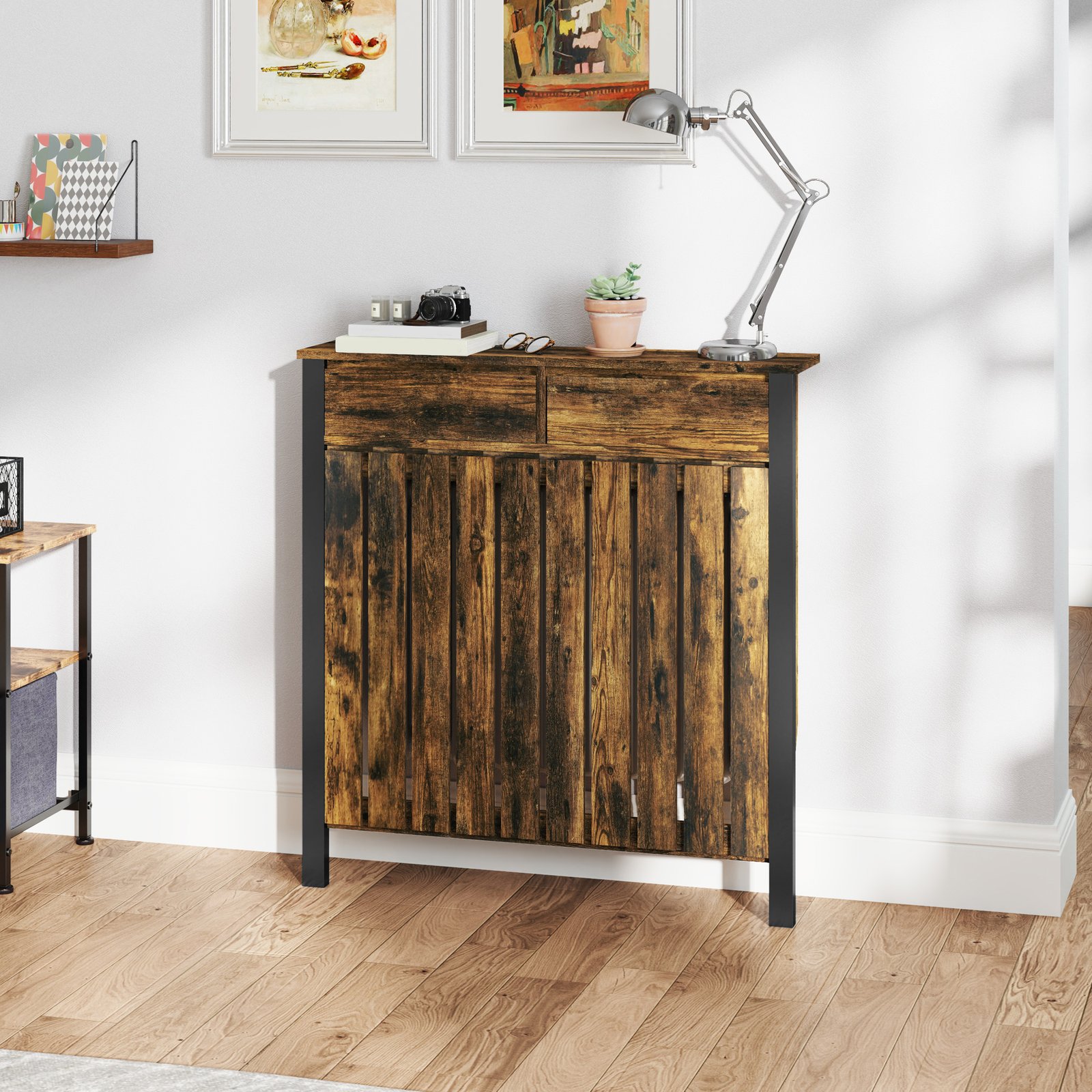 HOMCOM 93 x 88.5cm Rustic-Look Radiator Cover - Brown/Black - Image 8