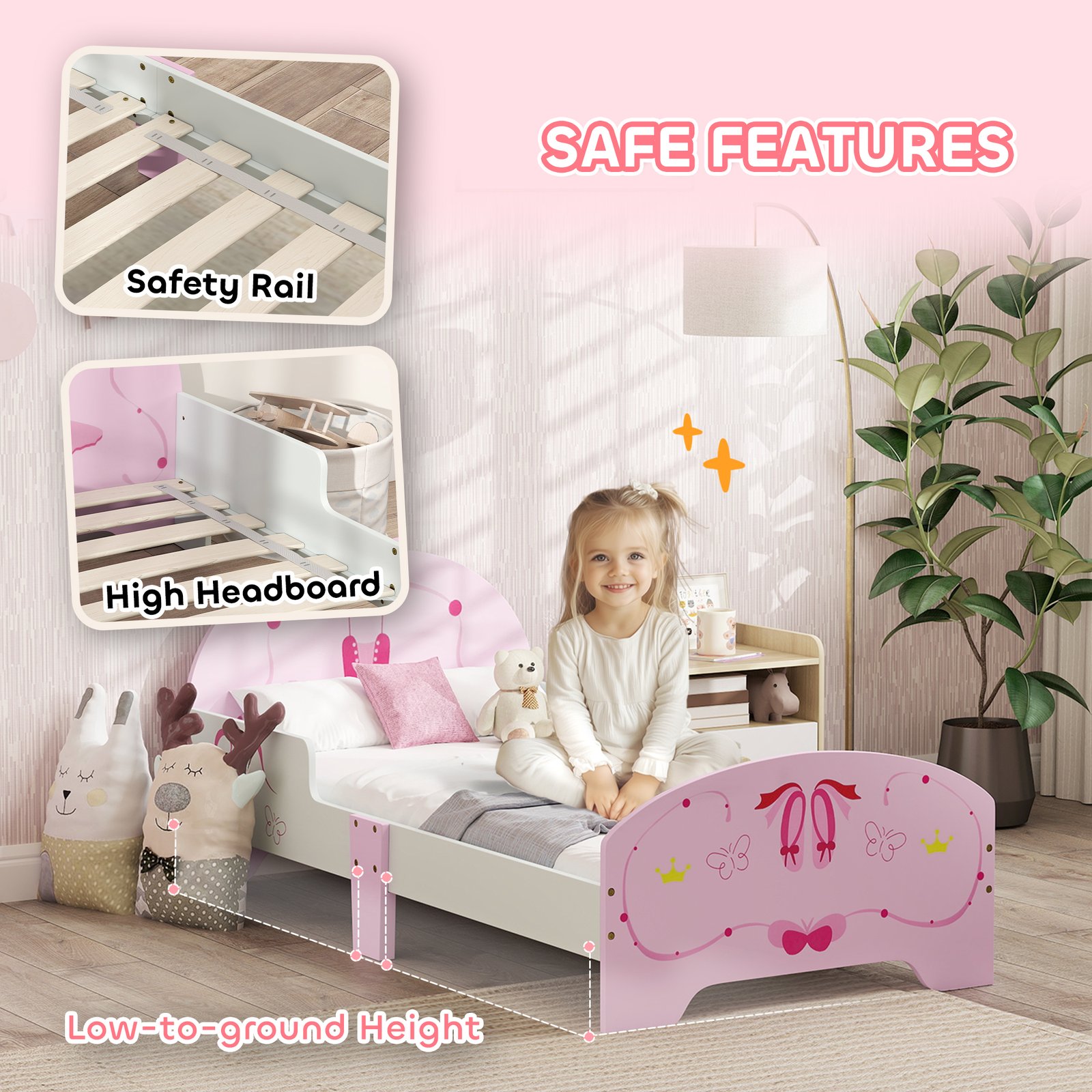 AIYAPLAY Kids Bed with Safety Rails, Kids Clothes Rail, Kids Full Length Mirror, 3 Piece Kids Furniture Set for Bedroom, Pink - Image 9