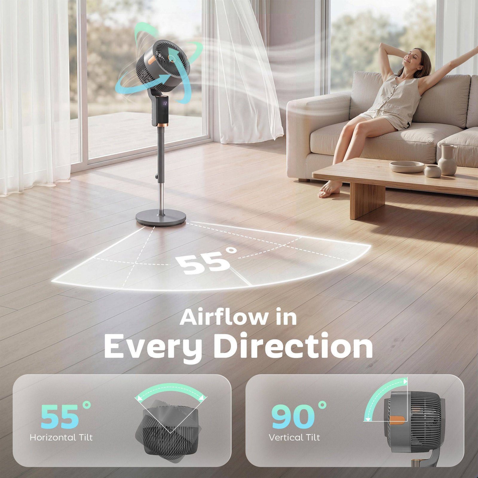 HOMCOM 20 dB Silent Standing Fan for Bedroom, 44" Pedestal Fan with 90° Oscillating, 8 Speeds and LED Light, Grey - Image 6
