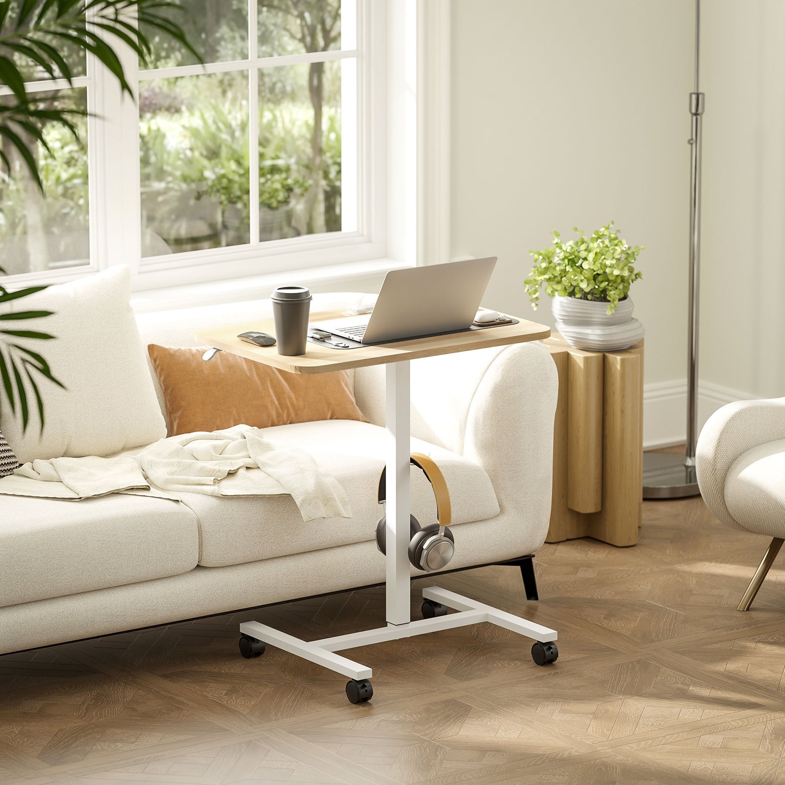 HOMCOM 75-115cm Manual Adjustable Sit-To-Stand Desk - White/Wood-Effect - Image 2