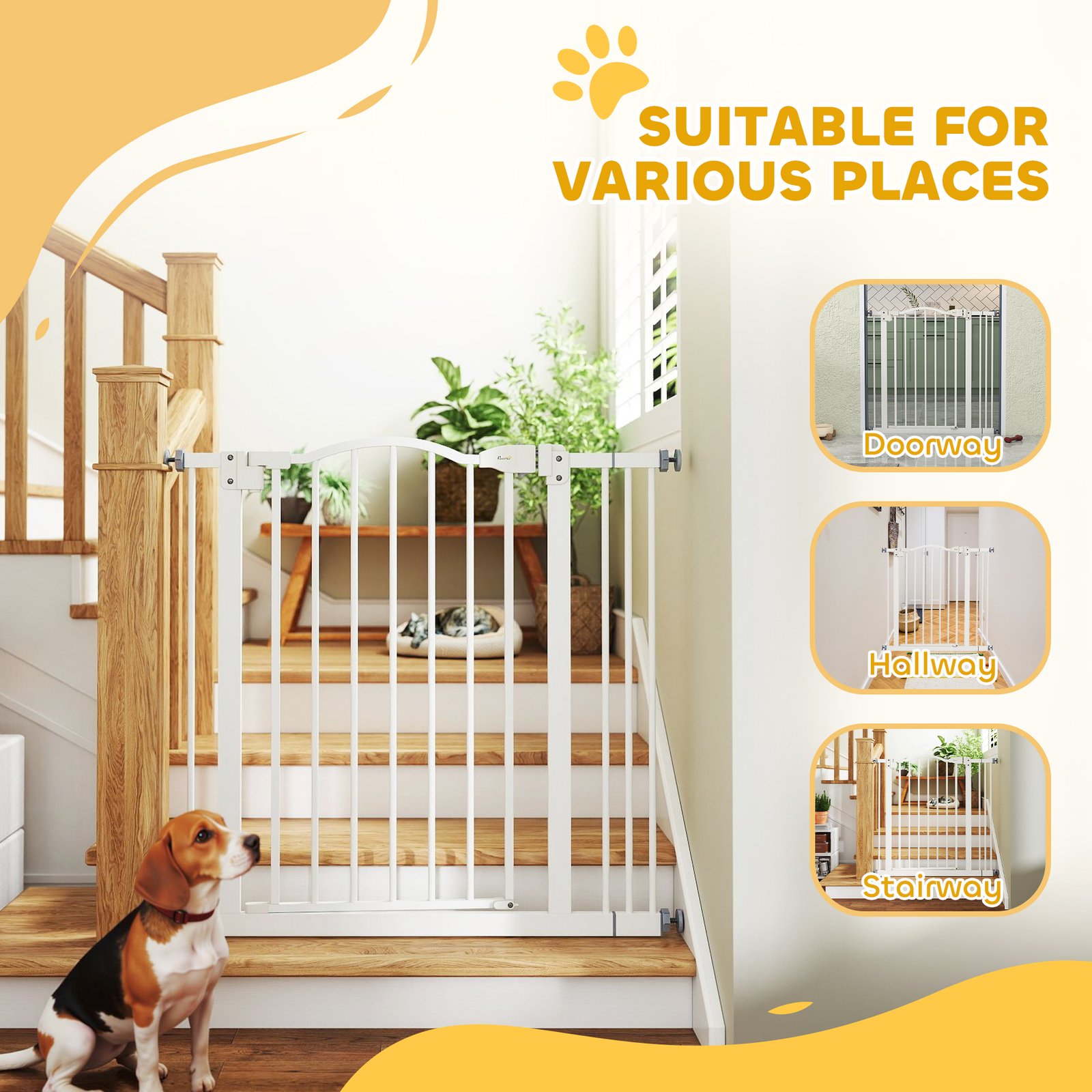 PawHut Metal 74-87cm Adjustable Pet Gate Safety Barrier w/ Auto-Close Door White - Image 8