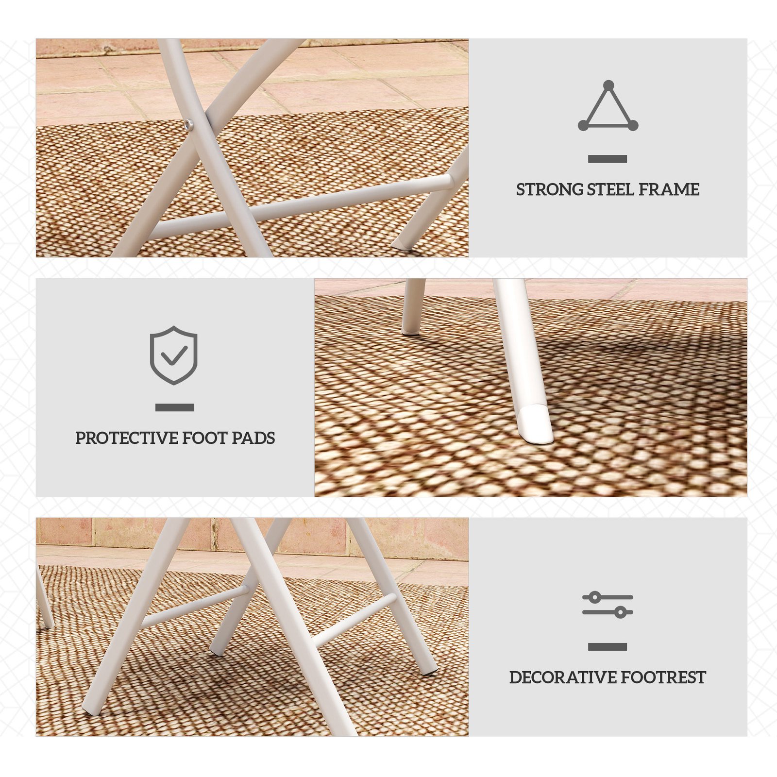 Outsunny 3 Pieces Outdoor Bistro Set, Glass Top Outdoor Table and 2 Folding Chairs with Protecting Feet, White - Image 7