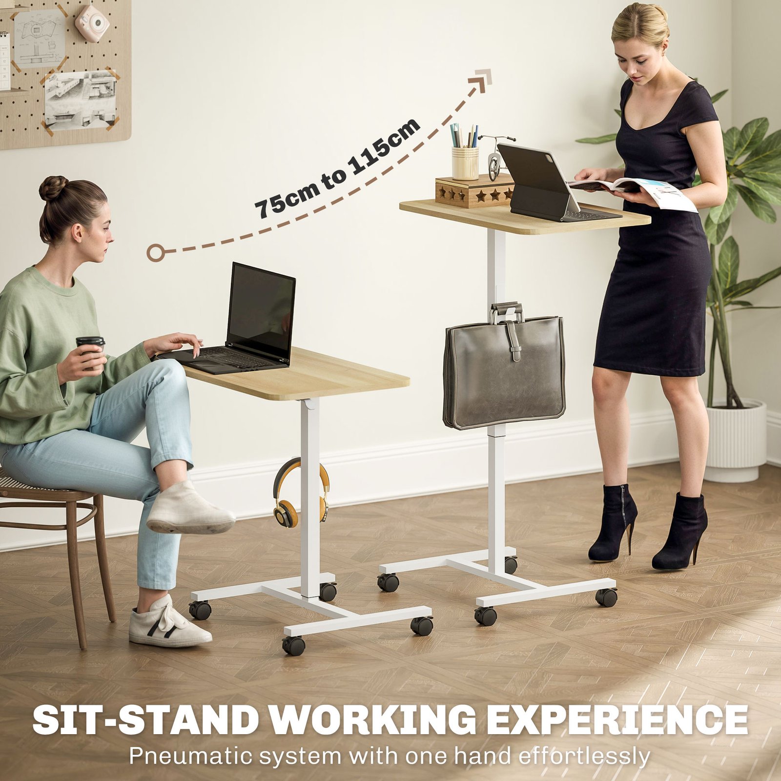 HOMCOM 75-115cm Manual Adjustable Sit-To-Stand Desk - White/Wood-Effect - Image 4