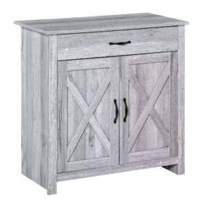 HOMCOM Farmhouse Barn Door Sideboard Storage Cabinet Coffee Bar for LIVING Room  Grey Grain