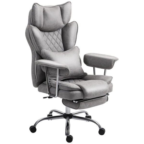 HOMCOM Leathaire Reclining Office Chair with Lumbar Support Pillow – Grey