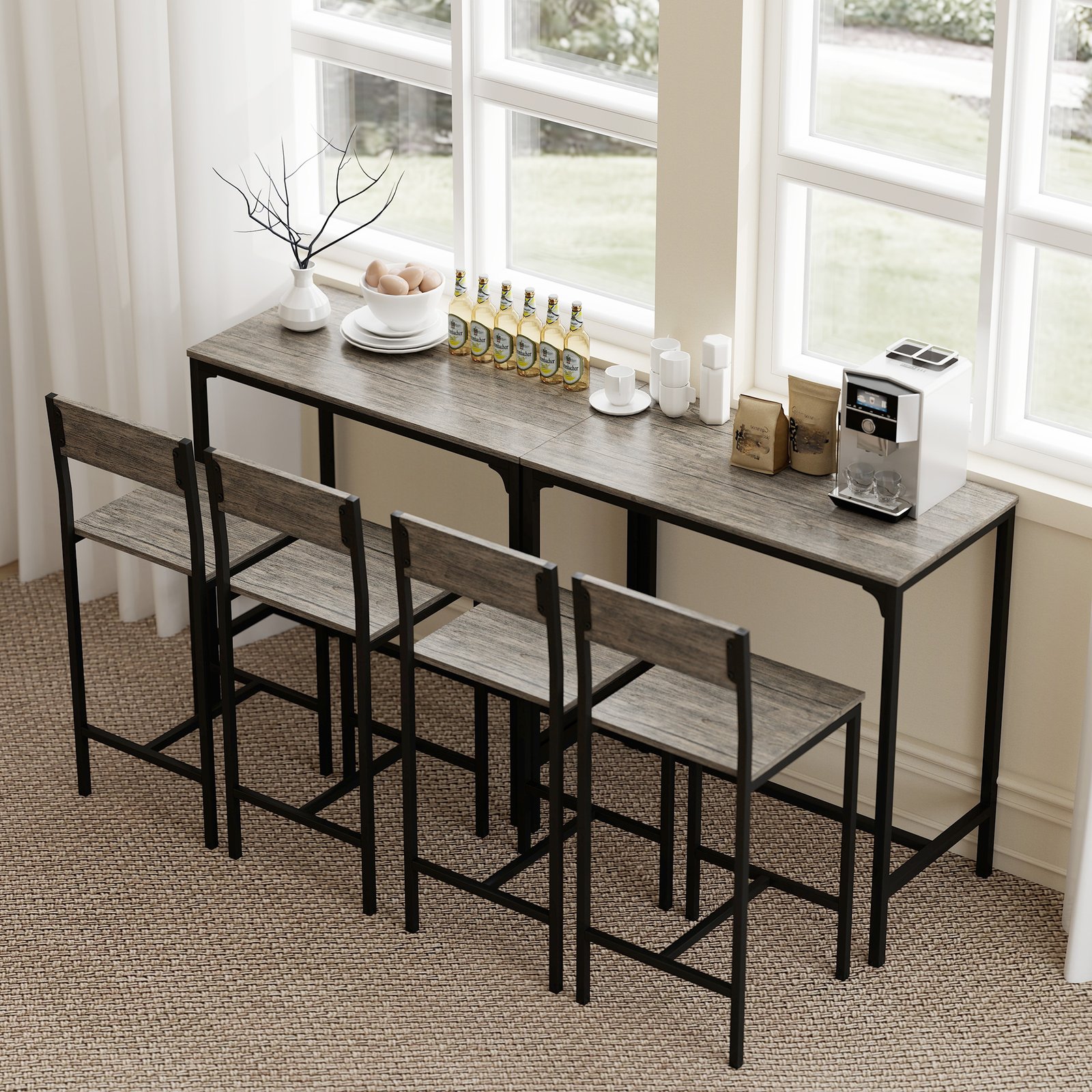 HOMCOM 3-Piece Bar Table Set with 2 Stools, Industrial Breakfast Bar Set with Footrest, Backrest for Dining Room, Small Space - Image 8