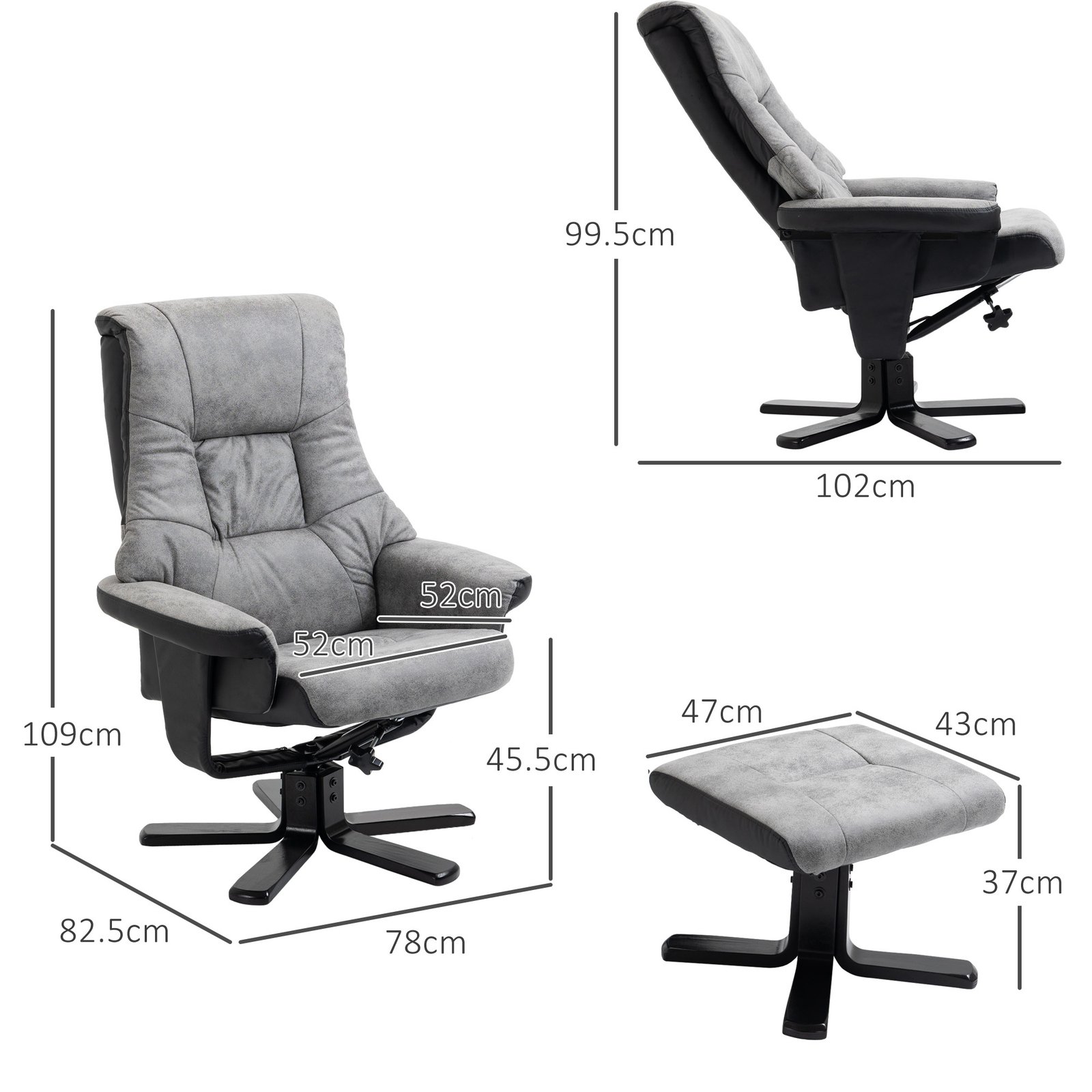 HOMCOM Fabric Recliner Sofa Armchair with footstool Swivel Sofa Grey - Image 3