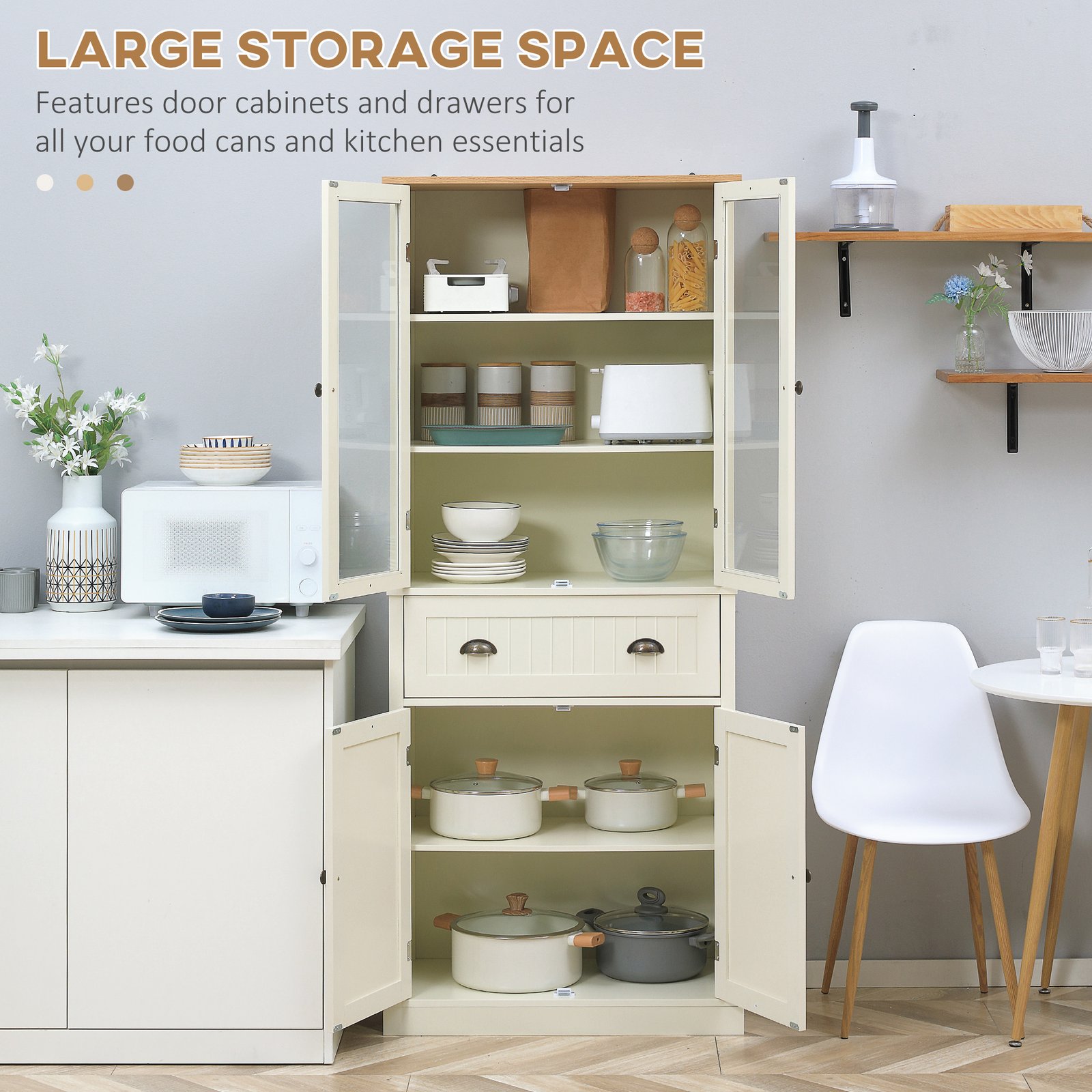 HOMCOM Freestanding Kitchen Cupboard, 5-tier Storage Cabinet with Adjustable Shelves and Drawer for Living Room, Dining Room, Cream White - Image 4