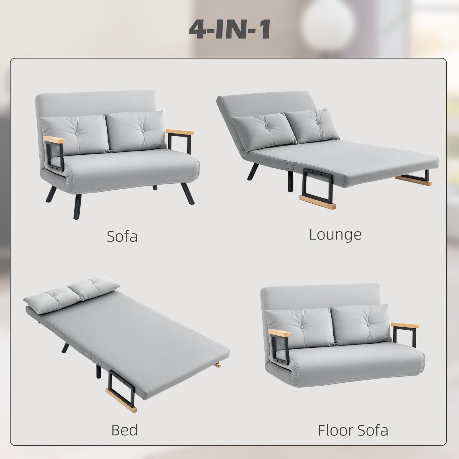 HOMCOM 4-in-1 Velvet-Feel Double Sofa Bed, with Pillows - Light Grey - Image 4