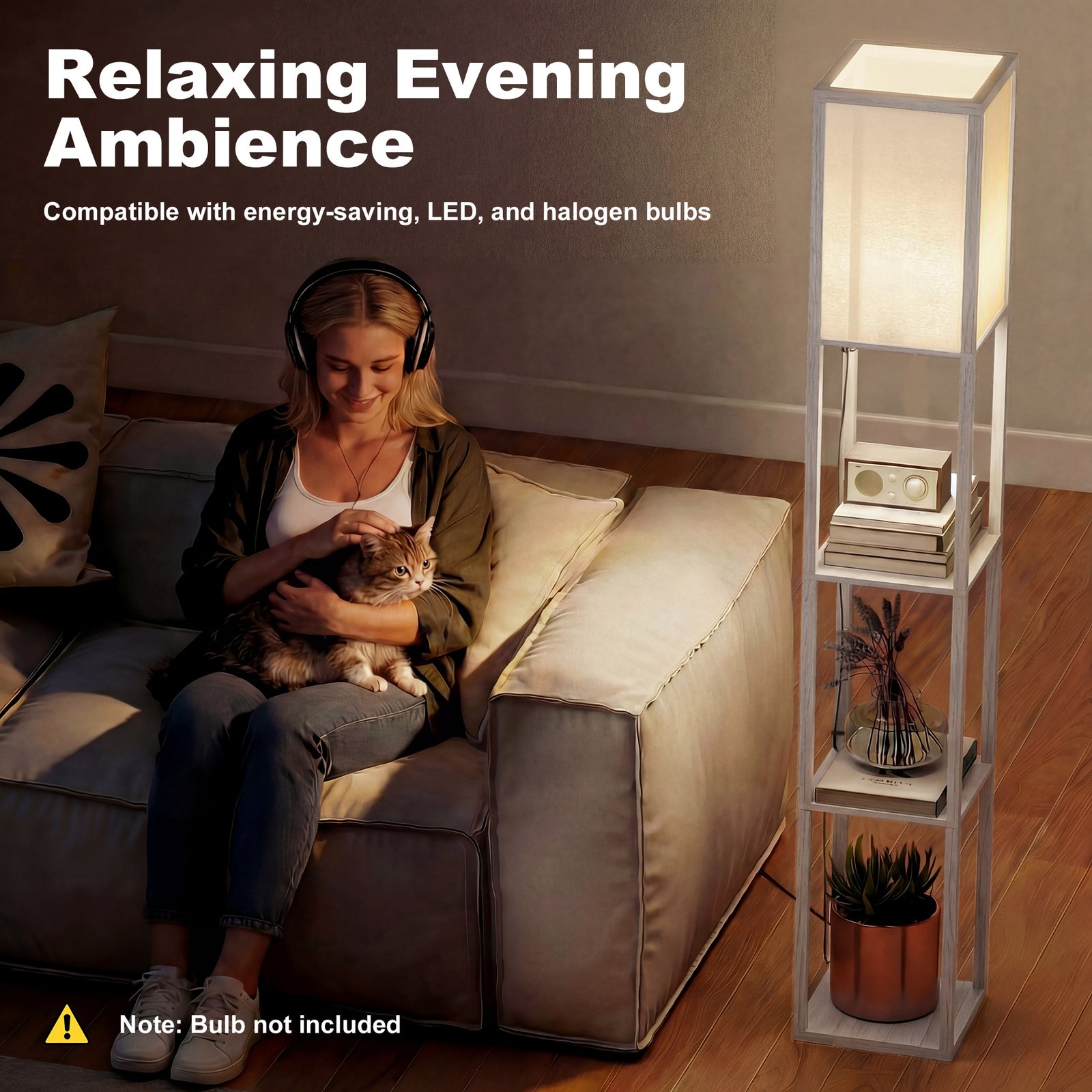 HOMCOM 3-Tier Floor Lamp with Shelves and Storage, Modern Corner Standing Lamp with Lampshade, Reading Light with Foot Switch for Living Room, Bedroom, Home Office, Bulb not Included, Oak - Image 6