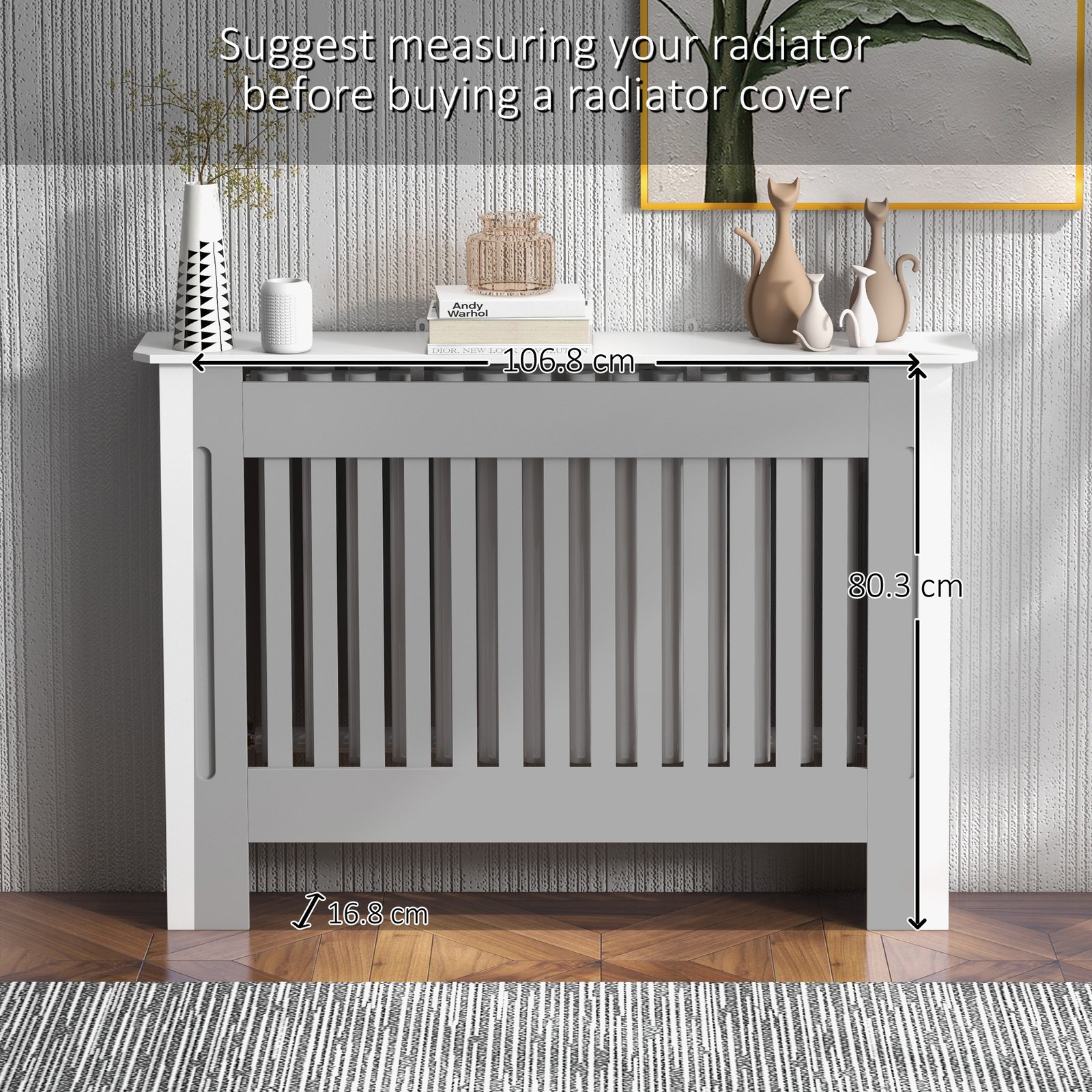 HOMCOM Slatted Radiator Cover Painted Cabinet MDF Lined Grill in White (112L x 19W x 81H cm) - Image 7