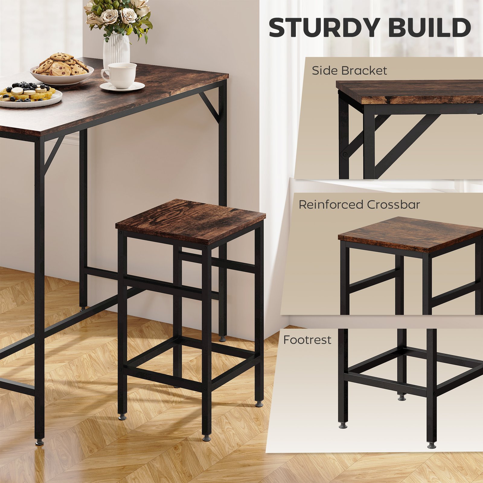 HOMCOM 5-Piece Breakfast Bar Table and Stools Set, Kitchen Bar Table Set with High Table and 4 Stools, Space Saving Compact Dining Furniture for Small Spaces, Rustic Brown - Image 5